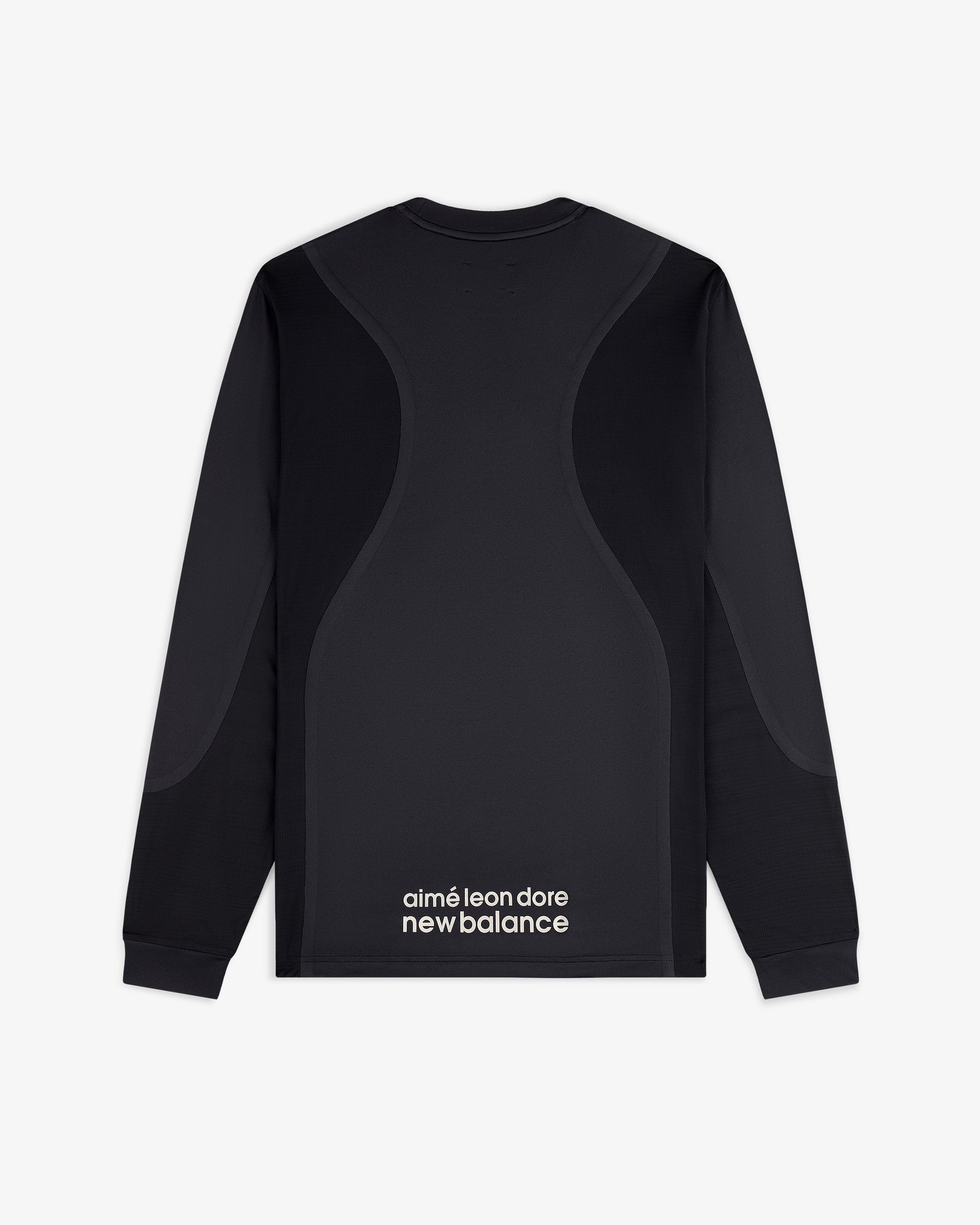 ALD / New Balance Performance Long-Sleeve Tee features curved panel designs and logo text on the lower back.