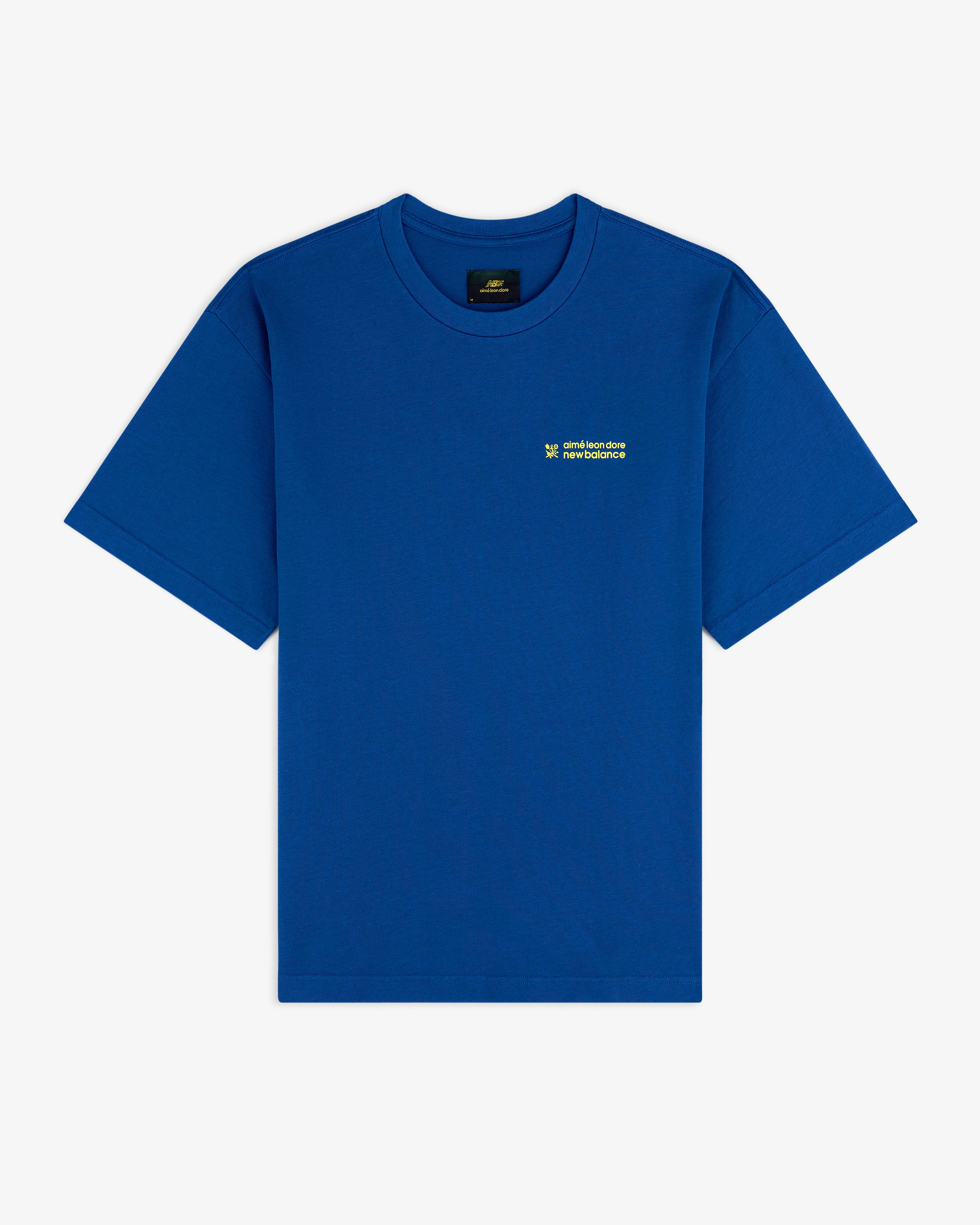 ALD / New Balance Running Bib Tee, blue with small yellow text on left chest, shown on white background.
