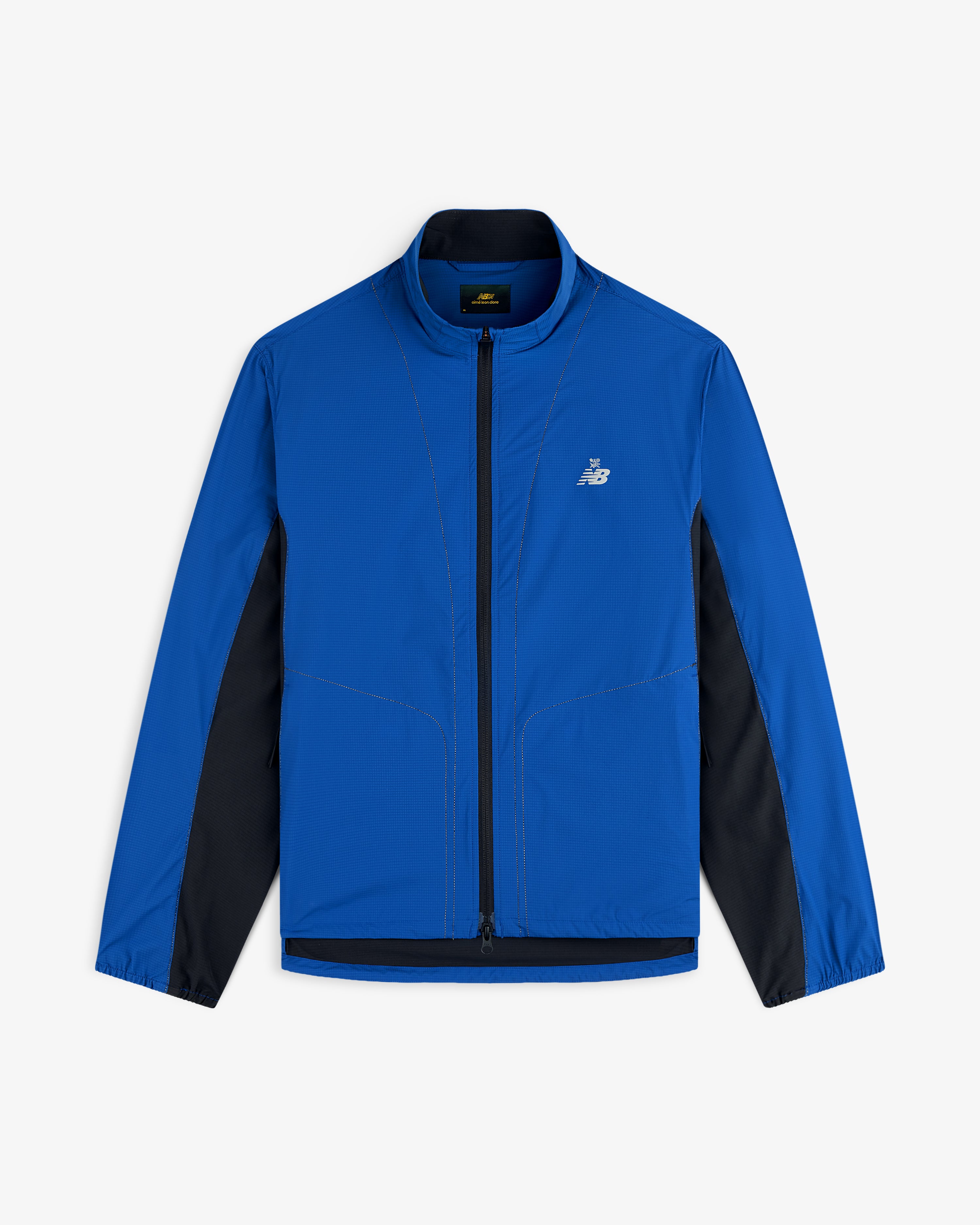 A blue ALD/New Balance Performance Nylon Jacket with black side panels and a white logo on the left chest.
