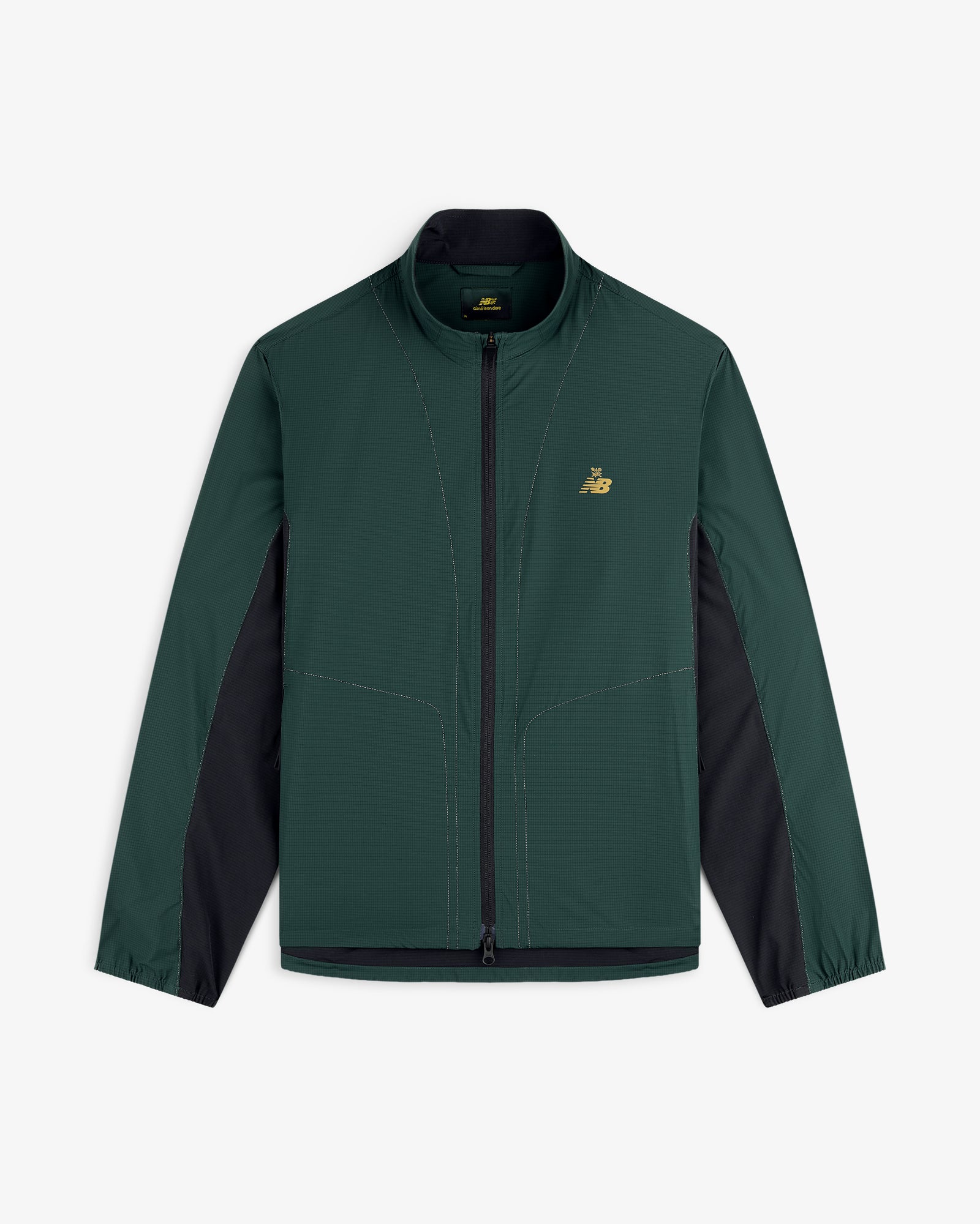 Dark green & black ALD/New Balance Performance Nylon Jacket with long sleeves & gold logo on the chest.