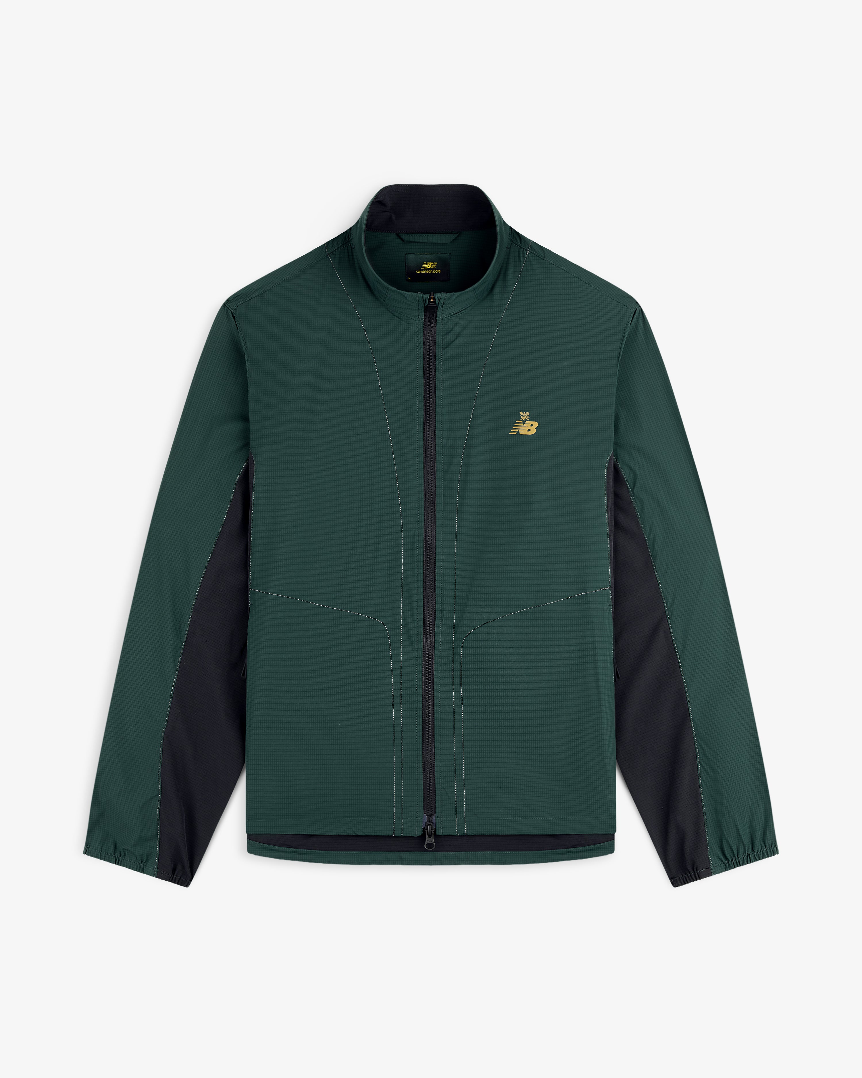 Dark green & black ALD/New Balance Performance Nylon Jacket with long sleeves & gold logo on the chest.