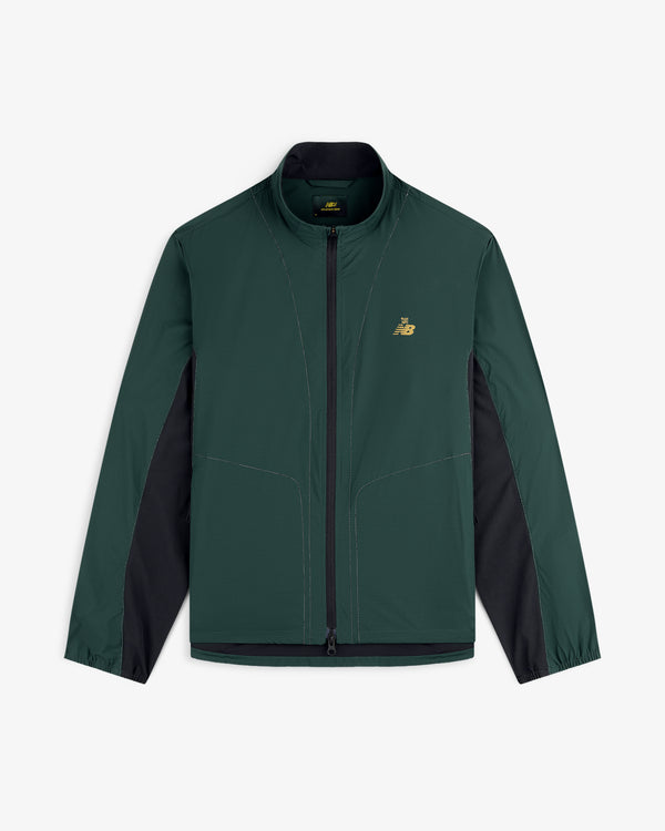 Dark green & black ALD/New Balance Performance Nylon Jacket with long sleeves & gold logo on the chest.