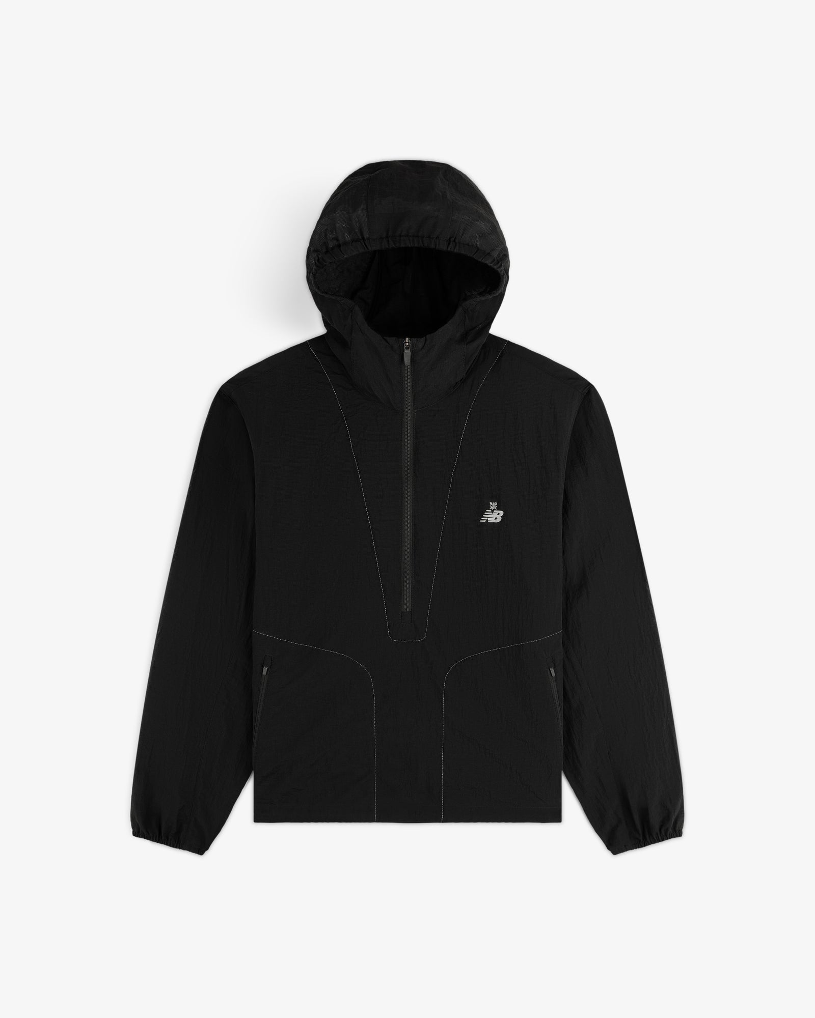 ALD / New Balance Breathable Half-Zip Pullover in black with side pockets and a small white chest logo, on white background.