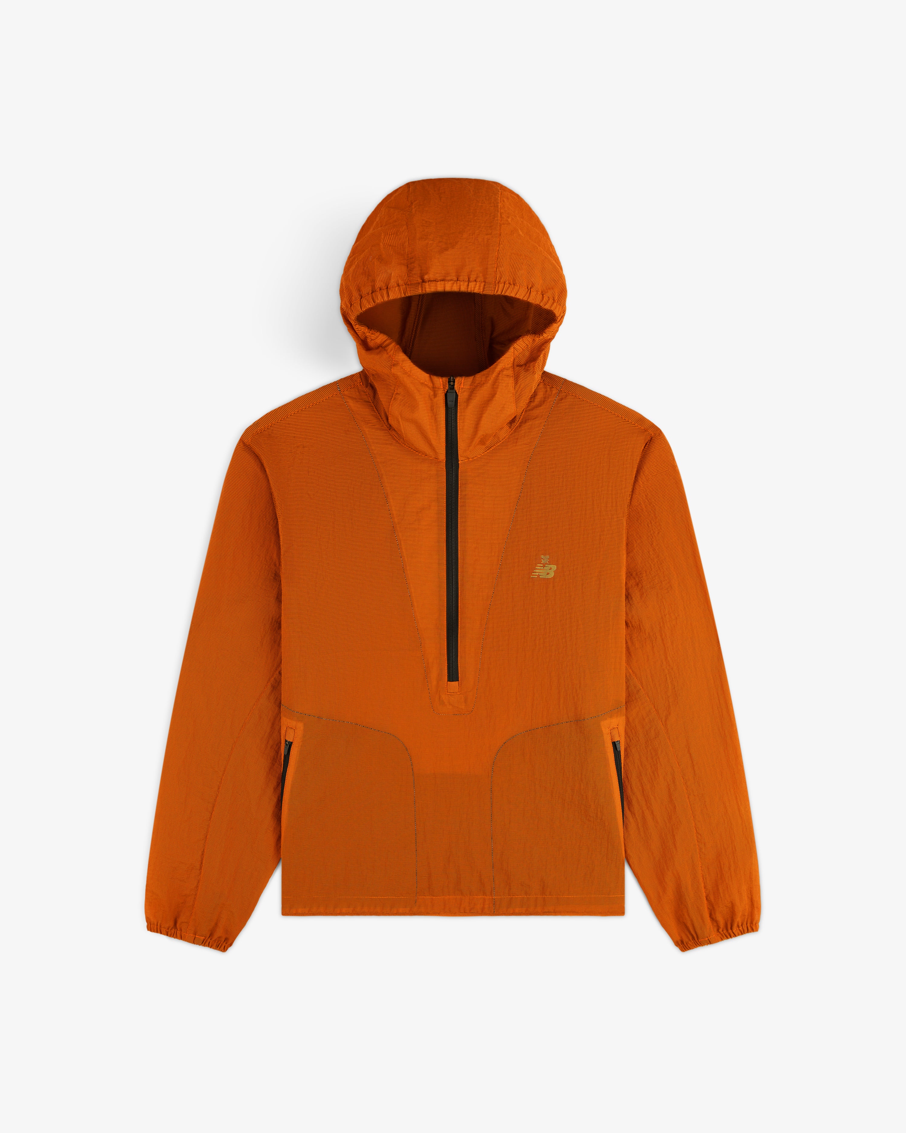 ALD / New Balance Breathable Half-Zip Pullover in bright orange with long sleeves and elastic cuffs on white background.