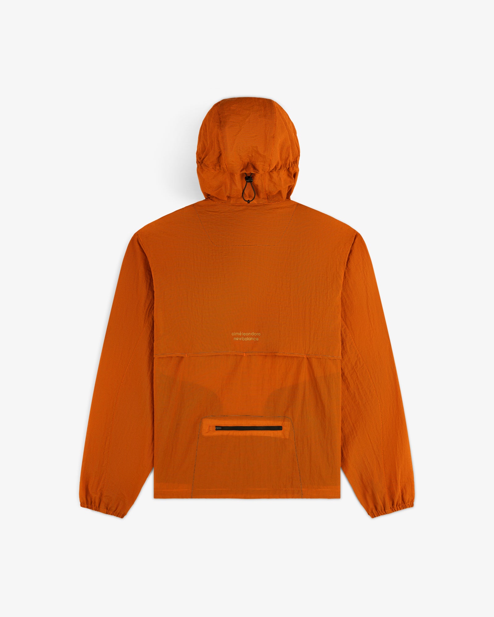 ALD / New Balance Breathable Half-Zip Pullover in bright orange with long sleeves, elastic cuffs, and back zipper pocket.