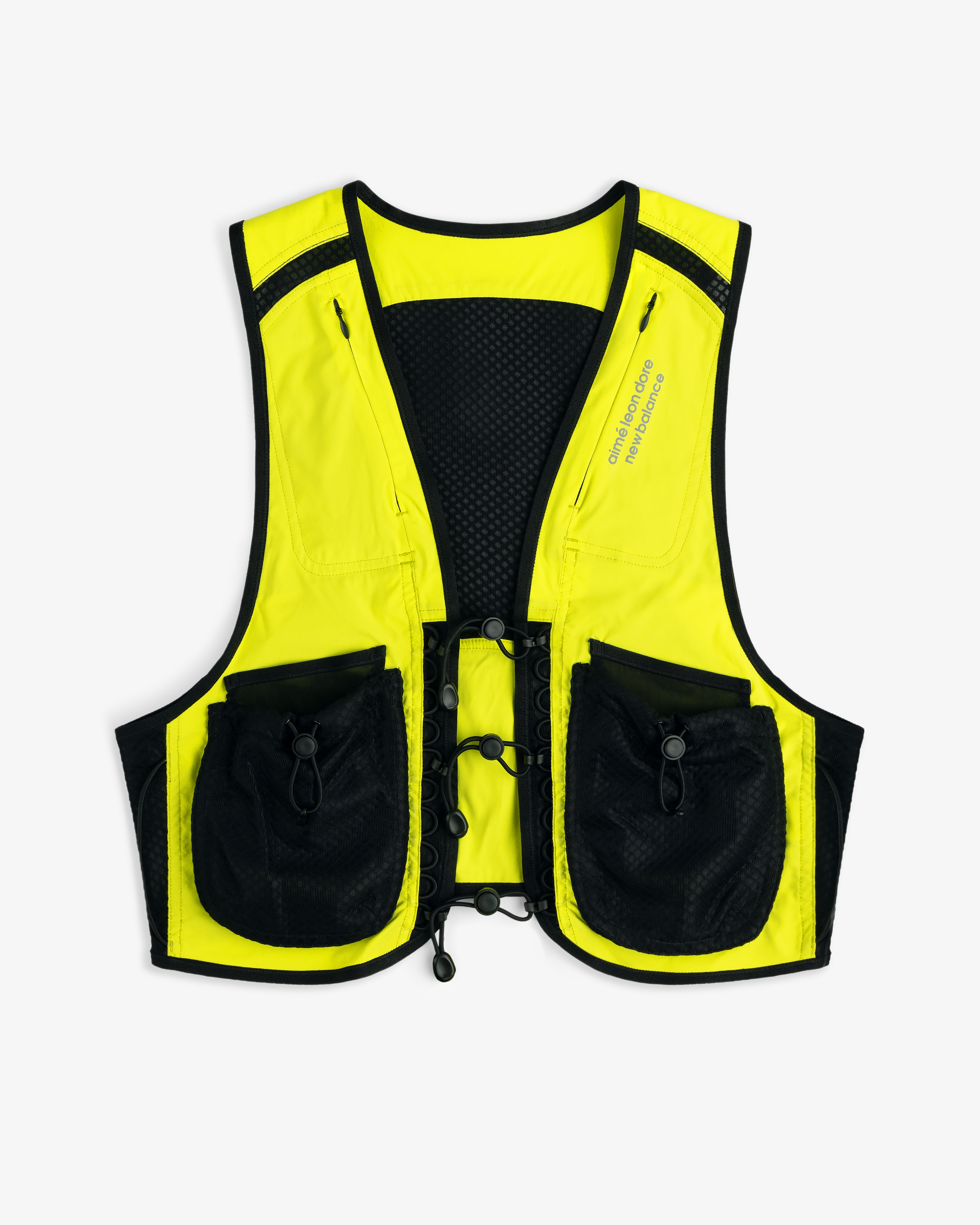 ALD / New Balance Hydrovest: bright yellow/black safety vest with front pockets, mesh panels, and adjustable cord.