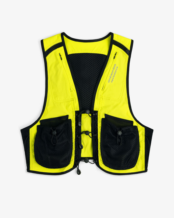 ALD / New Balance Hydrovest: bright yellow/black safety vest with front pockets, mesh panels, and adjustable cord.