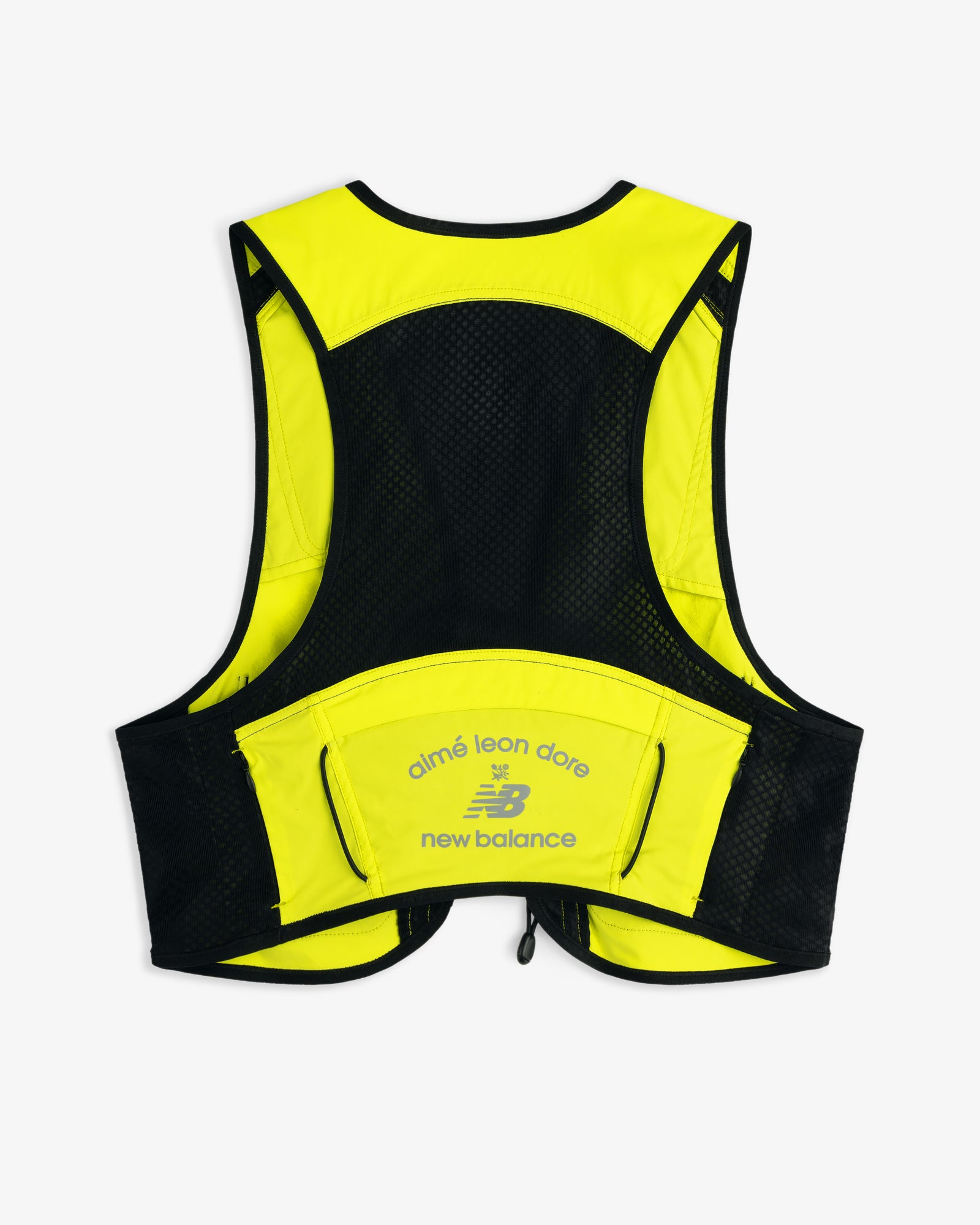Bright yellow and black ALD / New Balance Hydrovest with zippered pockets and logos on the back.