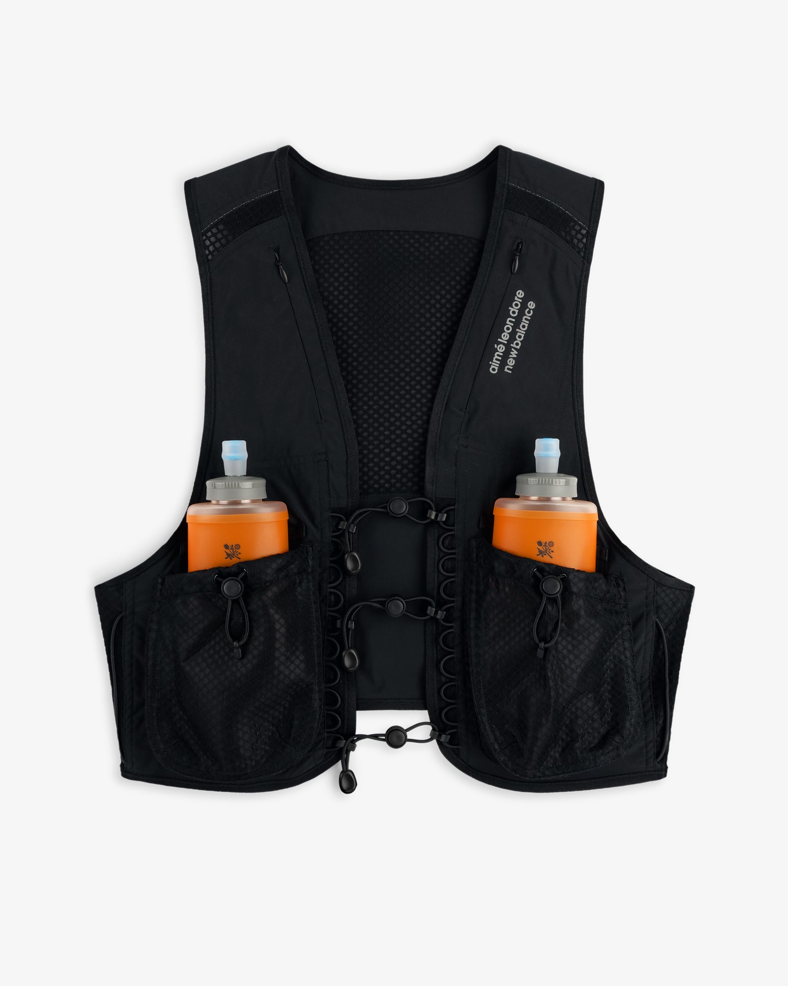 ALD / New Balance Hydrovest in black with two front pockets, each holding an orange water bottle with a blue cap.