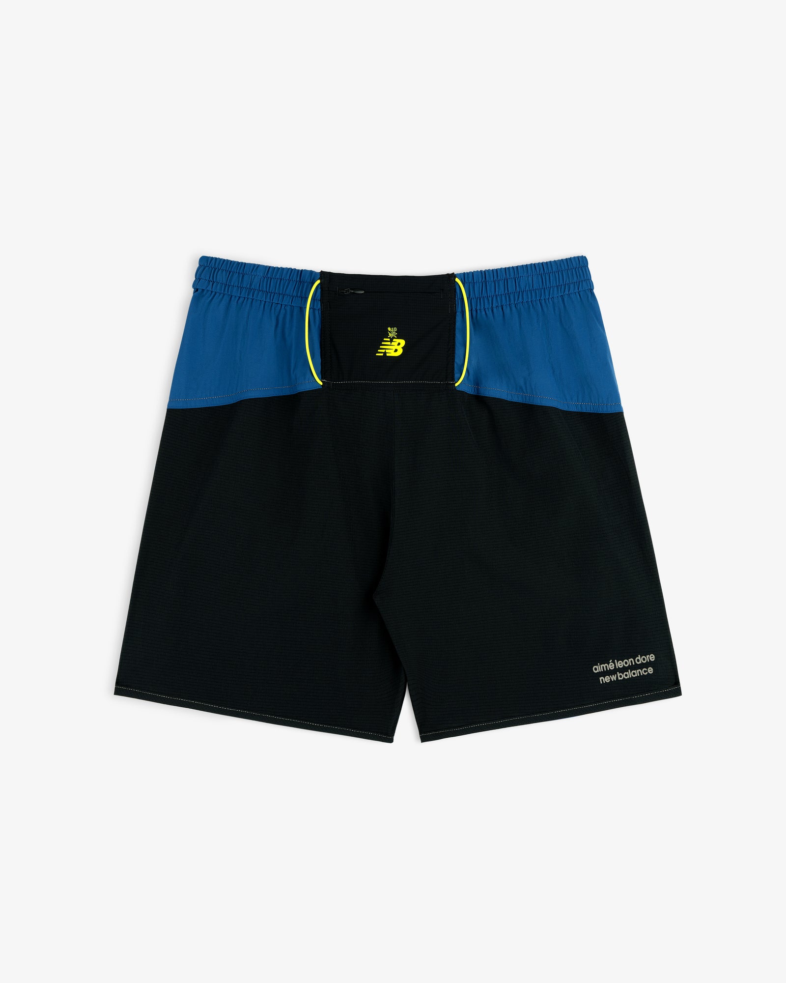 Black/blue ALD / New Balance Performance Lightweight Running Short with yellow logo and leg text.