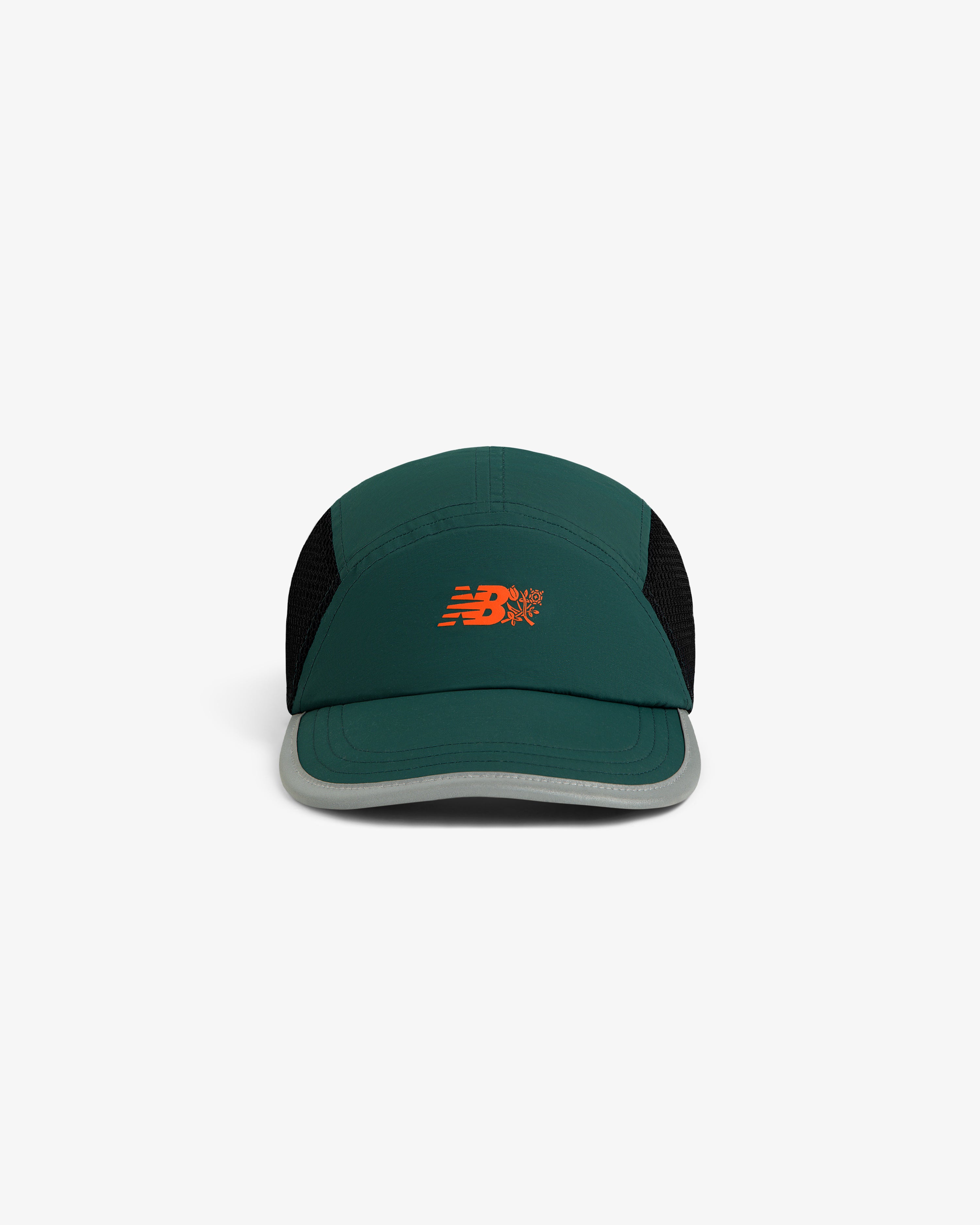ALD / New Balance Mesh Sport Hat in green and black with an orange logo, shown on a white background.
