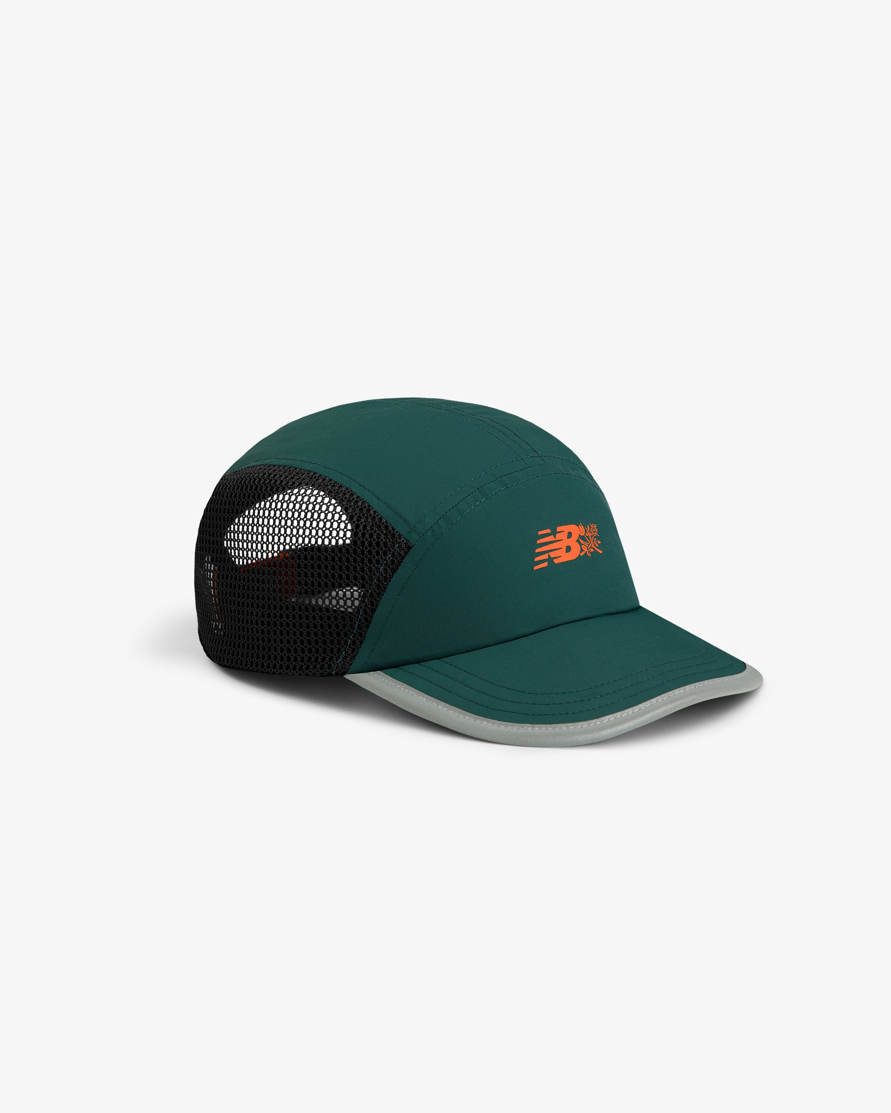 ALD / New Balance Mesh Sport Hat in green and black with orange logo and gray brim on a white background.