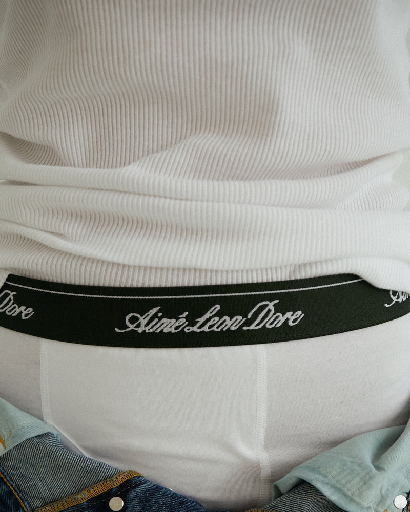Close-up of a person wearing white ribbed shirt and Boxer Brief 3-Pack with green Aimé Leon Dore waistband.