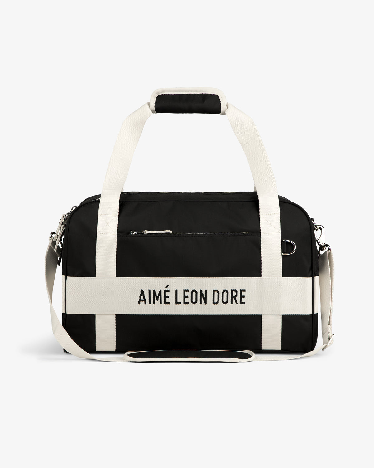 Nylon Duffle Bag in black with white handles, strap, AIMÉ LEON DORE text, and white accent lines.