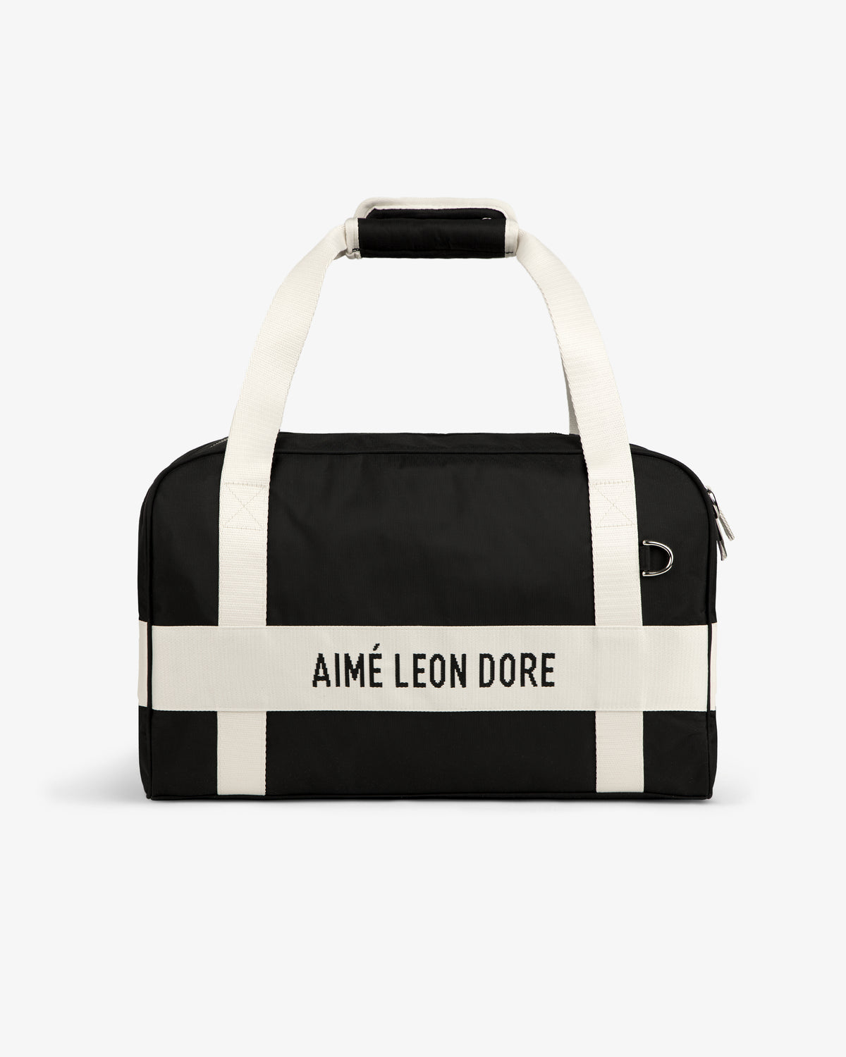 Nylon Duffle Bag in black with white handles and AIMÉ LEON DORE printed on a white front strap.