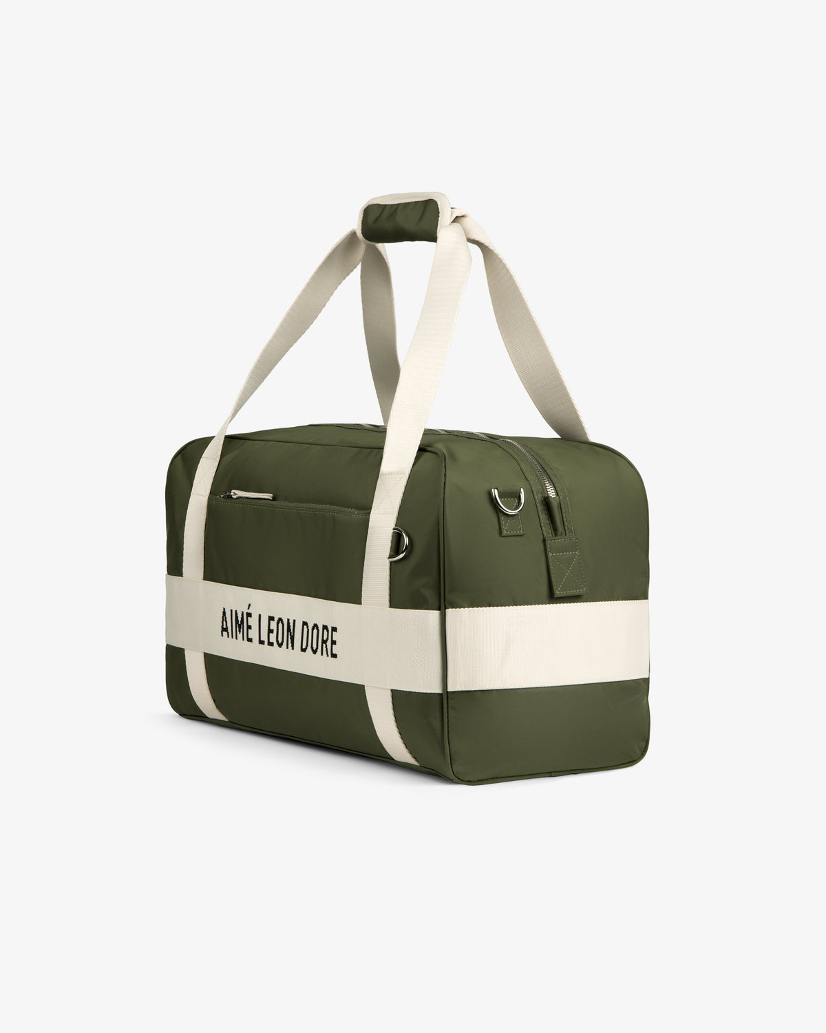 A green Nylon Duffle Bag with white straps and AIMÉ LEON DORE text, shown on a white background.