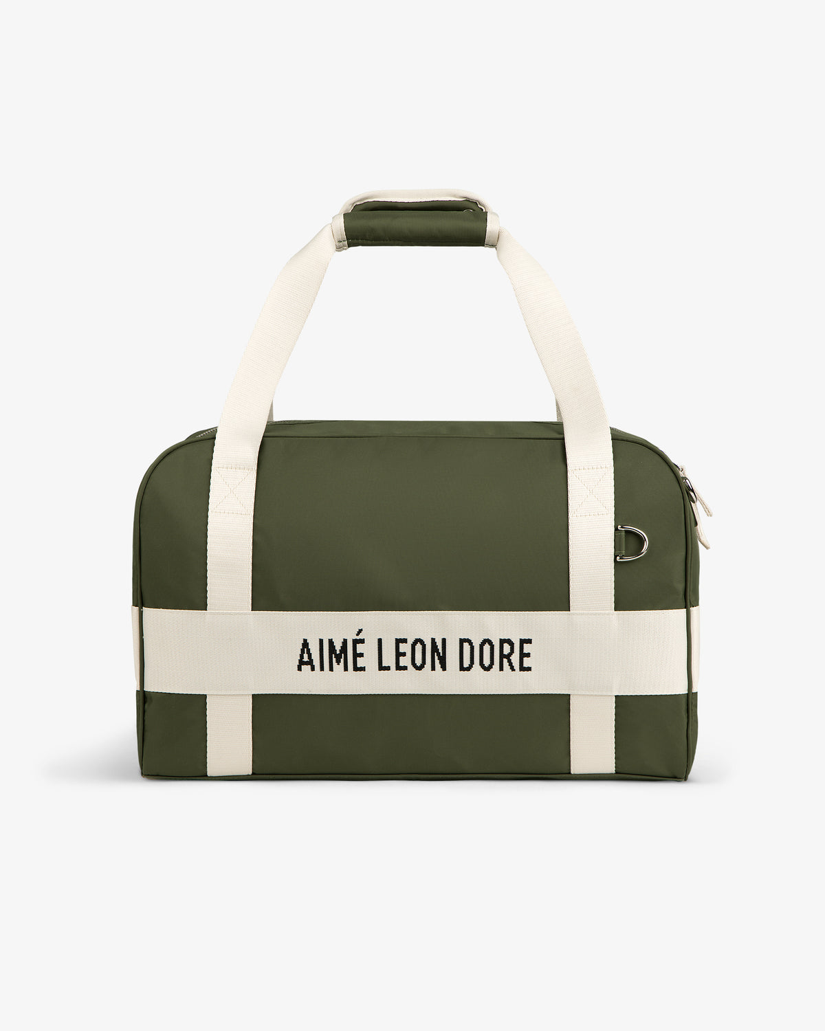 Olive green Nylon Duffle Bag with white handles and “AIMÉ LEON DORE” in black on a white front strap.