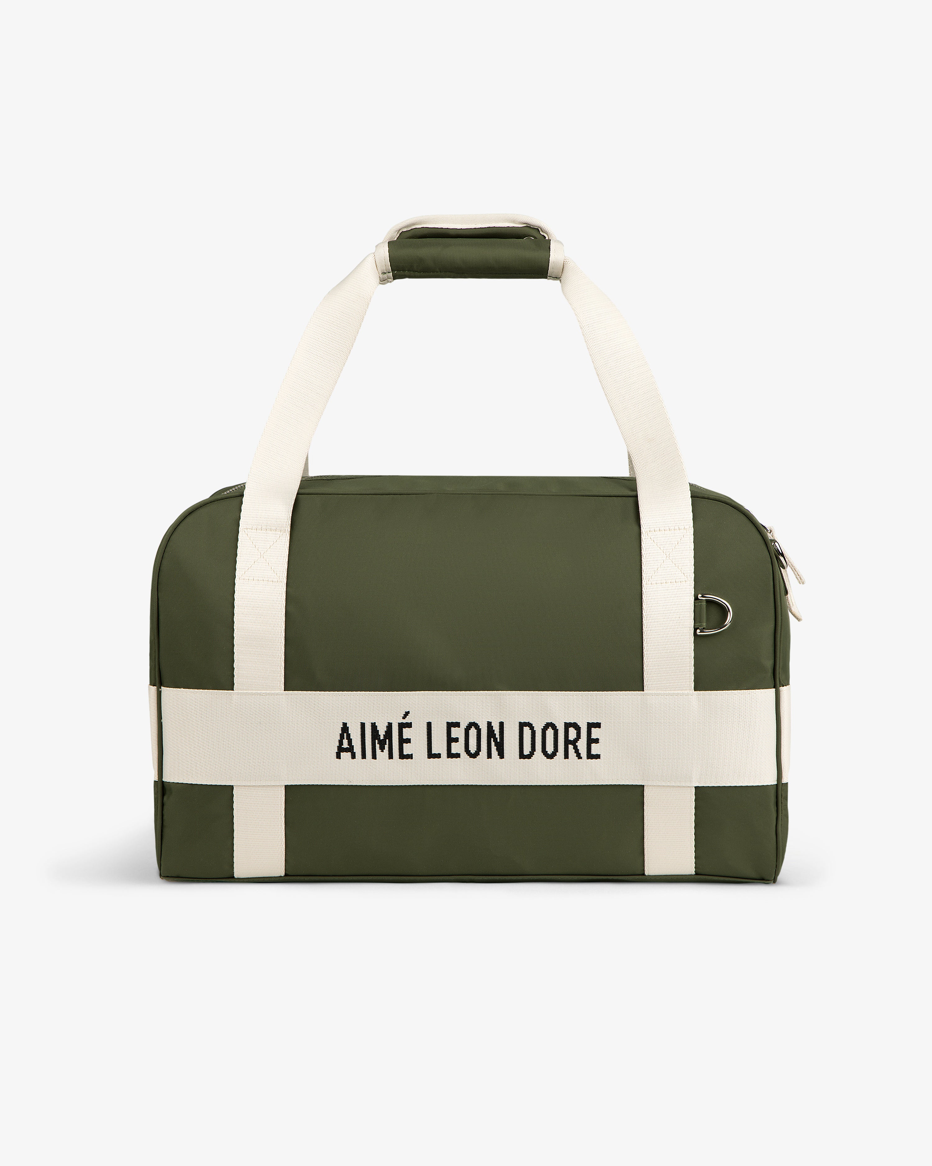 Olive green Nylon Duffle Bag with white handles and “AIMÉ LEON DORE” in black on a white front strap.