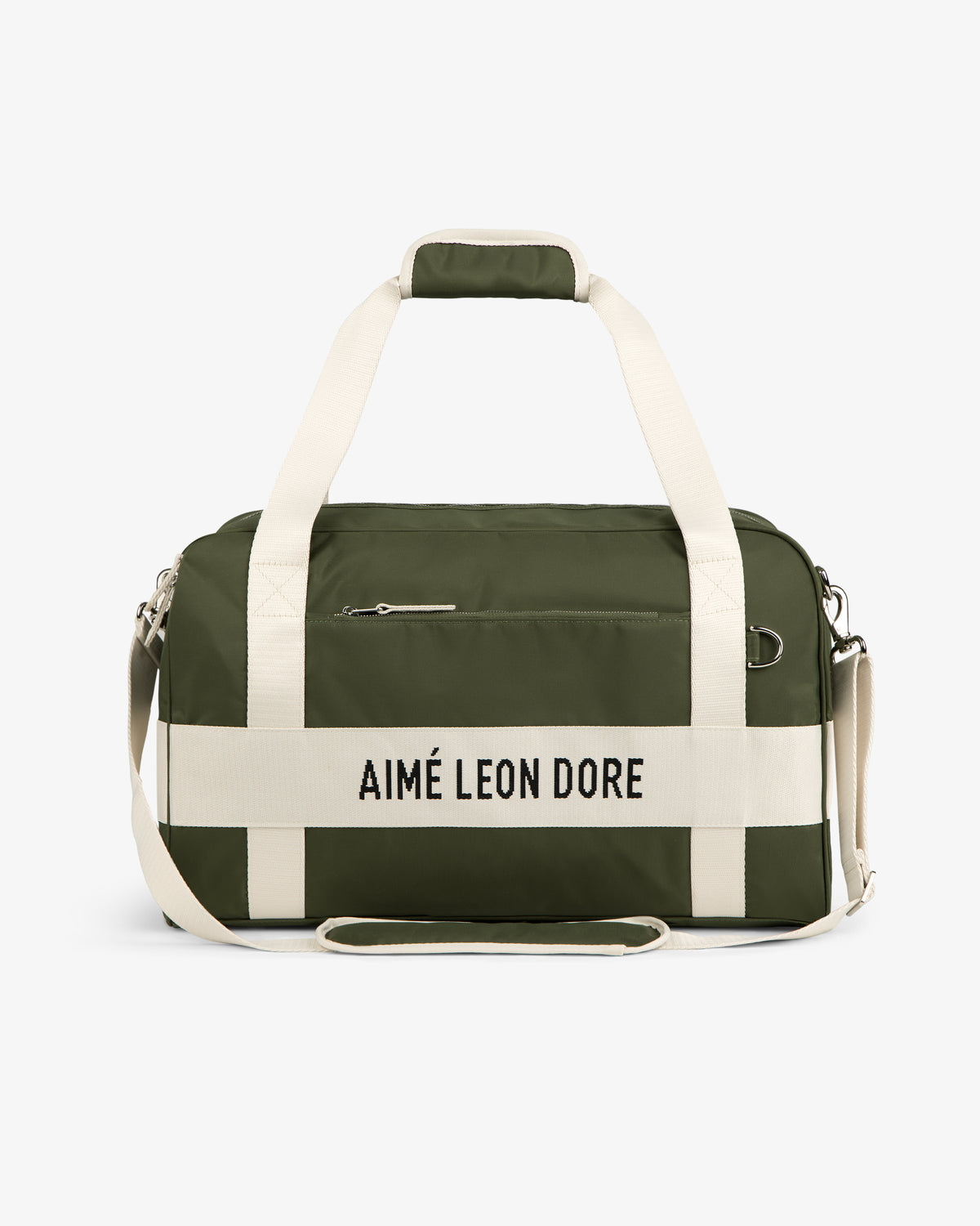 Olive green Nylon Duffle Bag with white straps and AIMÉ LEON DORE text on the front.