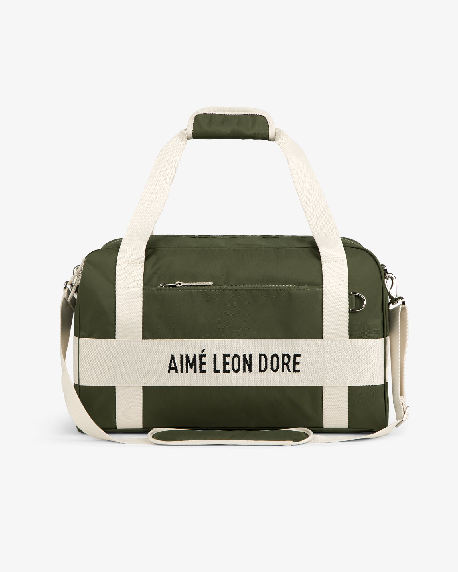 Olive green Nylon Duffle Bag with white straps and AIMÉ LEON DORE text on the front.