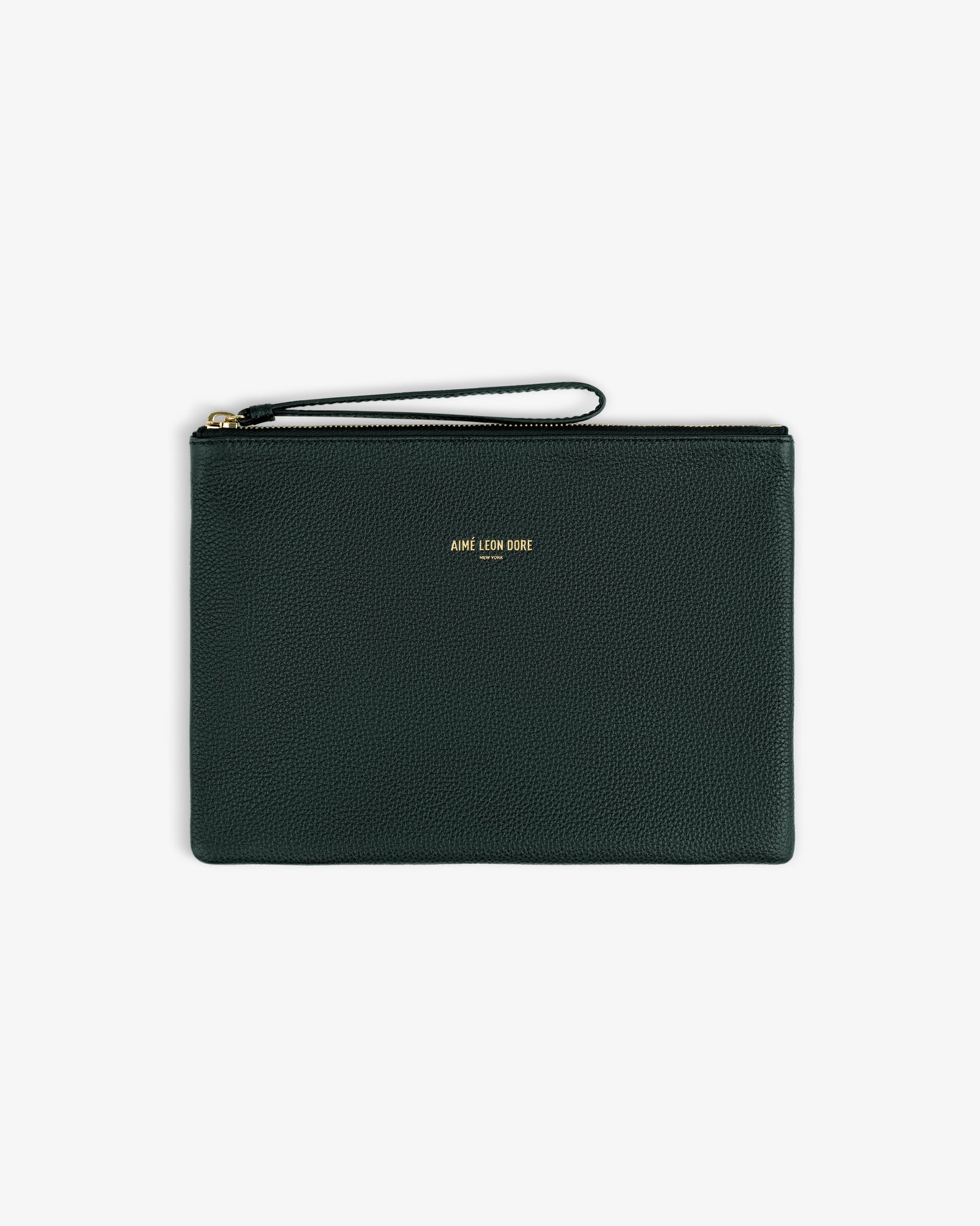 Small Leather Pouch in dark green leather with a wrist strap and gold Aime Leon Dore text at the center.