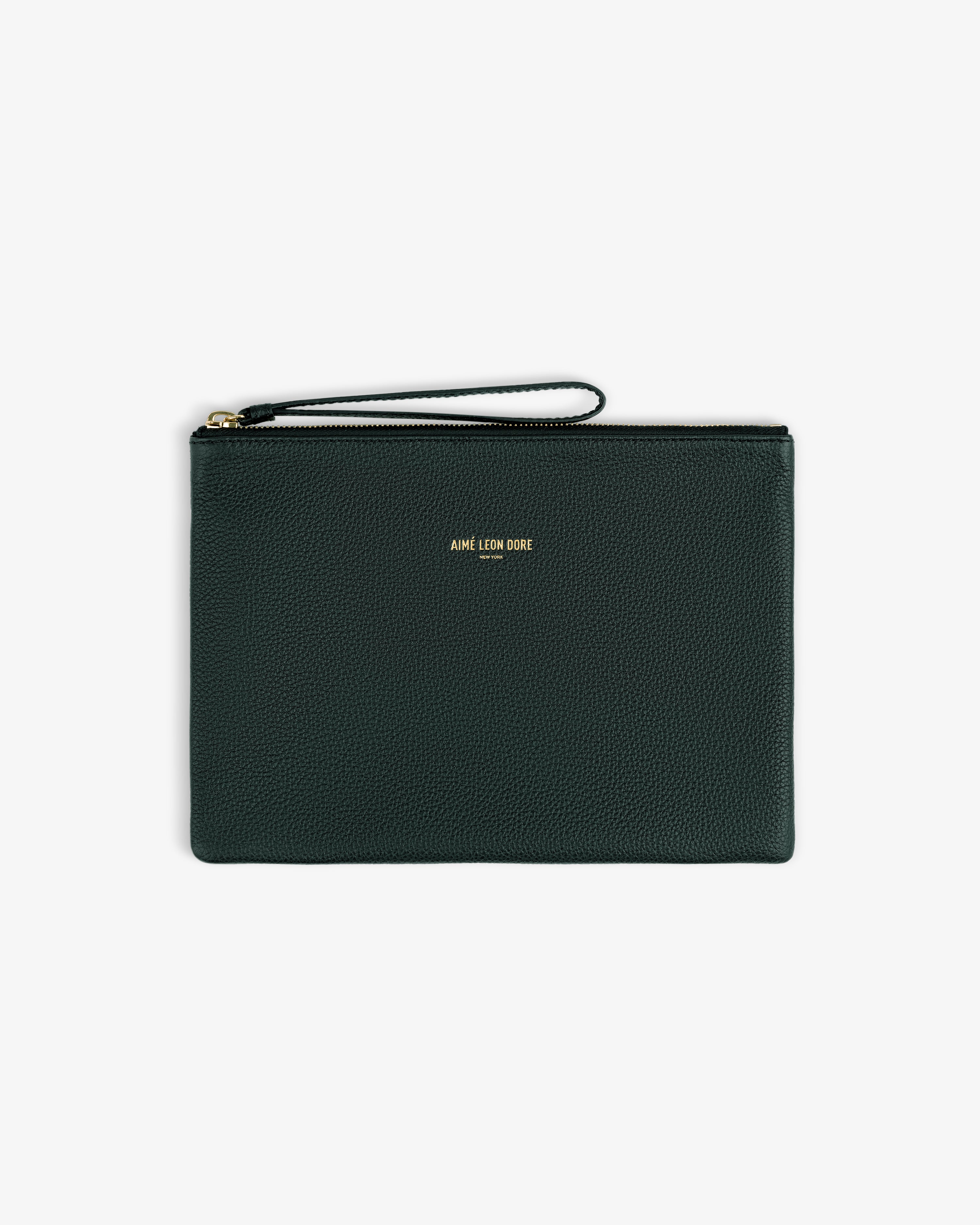 Small Leather Pouch in dark green leather with a wrist strap and gold Aime Leon Dore text at the center.