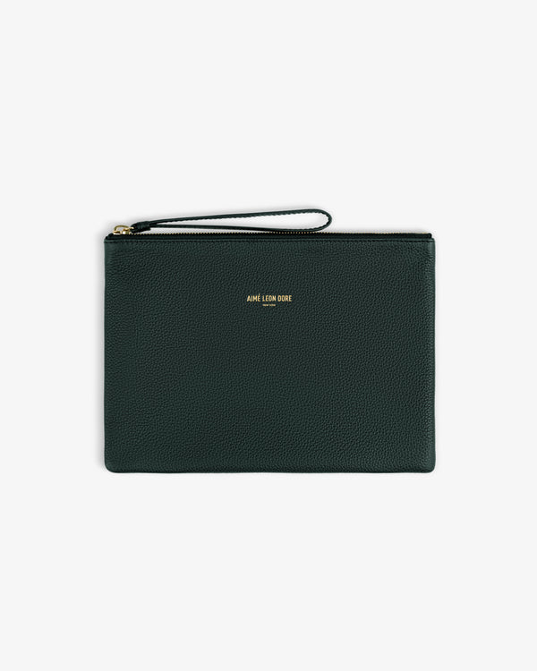 AIME LEON DORE Small Leather Pouch: dark green zip pouch with wrist strap and gold logo at center.