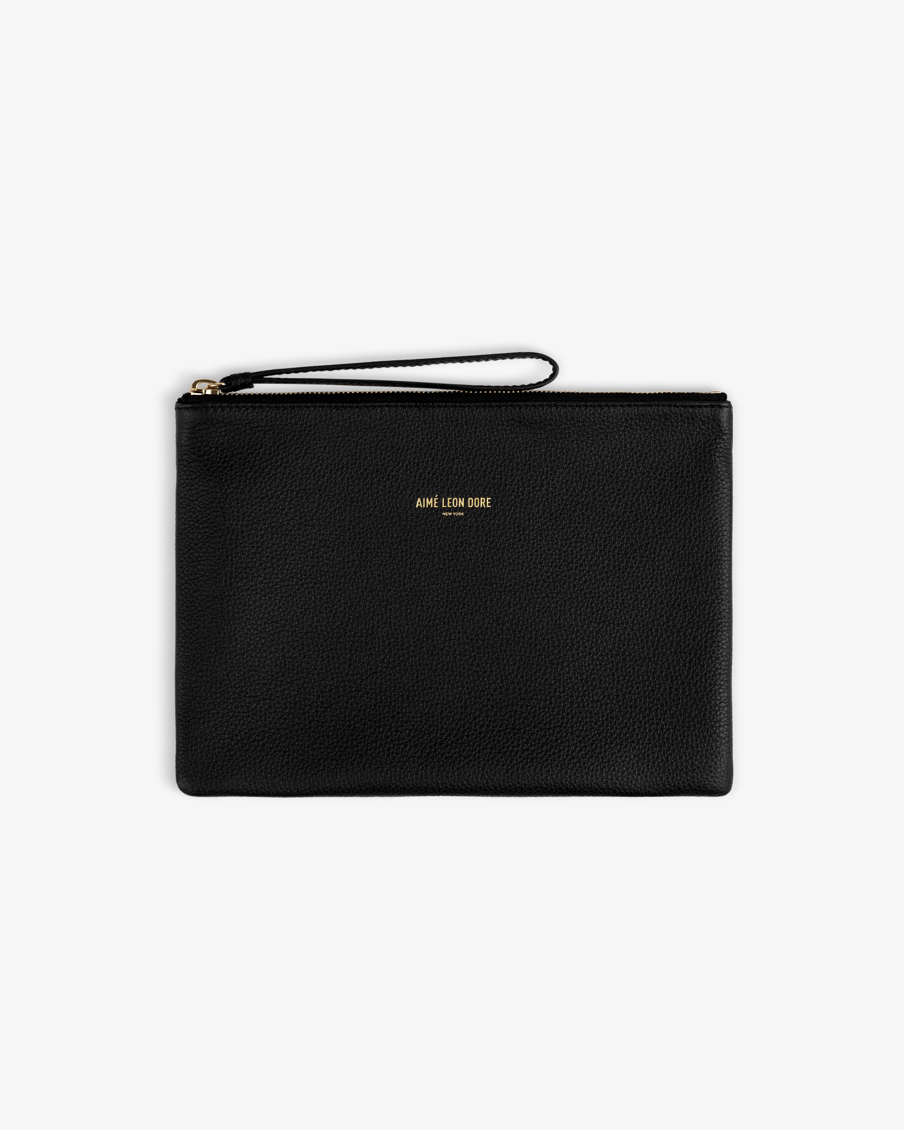 Small Leather Pouch in black leather with zip, wrist strap, and gold AIME LEON DORE text at center.
