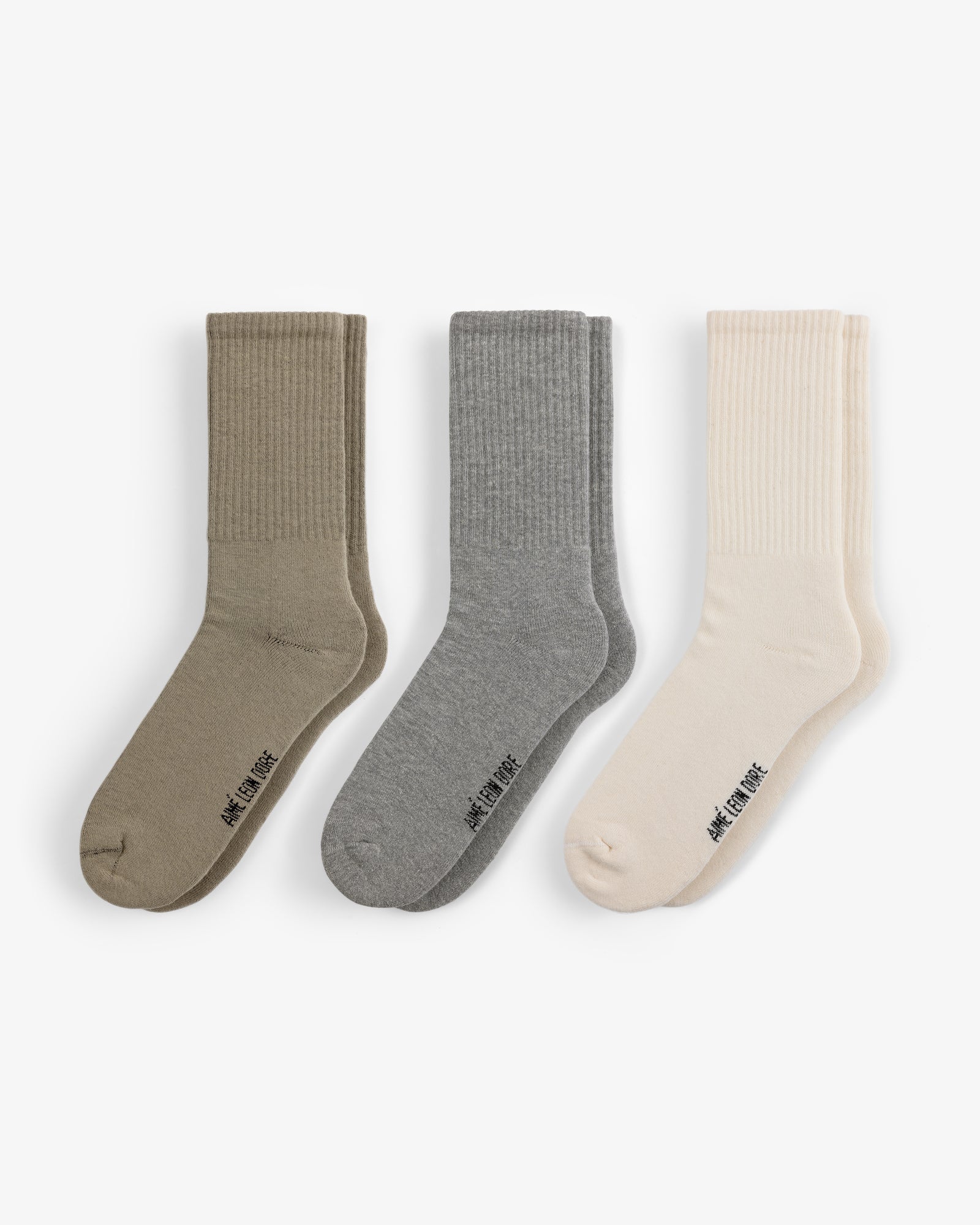 Crew Sock 3-Pack: three ribbed pairs in olive green, grey, and cream displayed side by side on white.