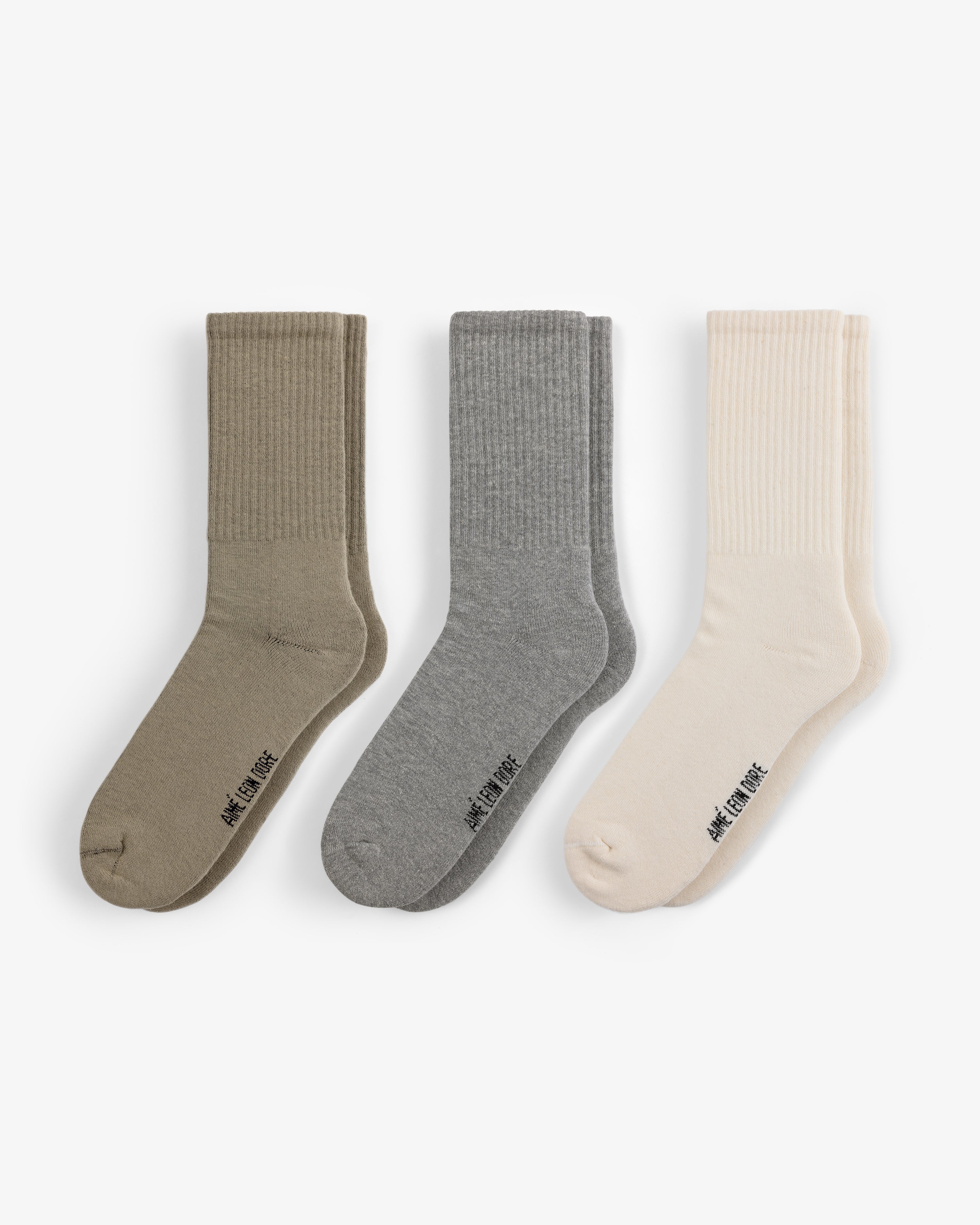 Crew Sock 3-Pack: three ribbed pairs in olive green, grey, and cream displayed side by side on white.