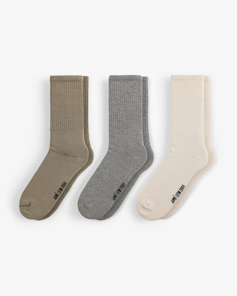 Crew Sock 3-Pack: three ribbed pairs in olive green, grey, and cream displayed side by side on white.