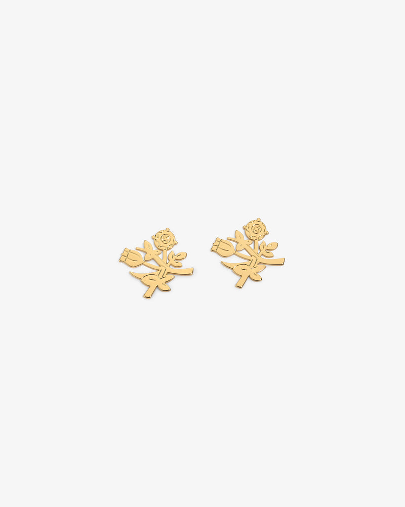 Queens Crest Penny gold rose-shaped stud earrings with detailed stem and leaves on a plain white background.