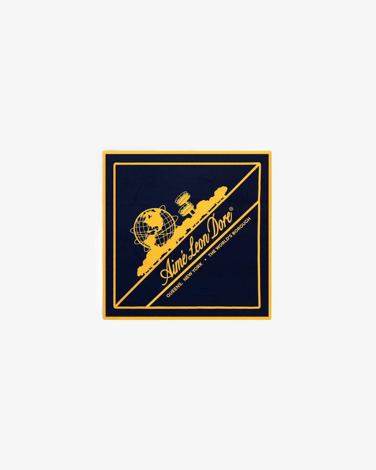 Navy blue Unisphere Bandana with yellow border, Aimé Leon Dore text, and globe graphic.