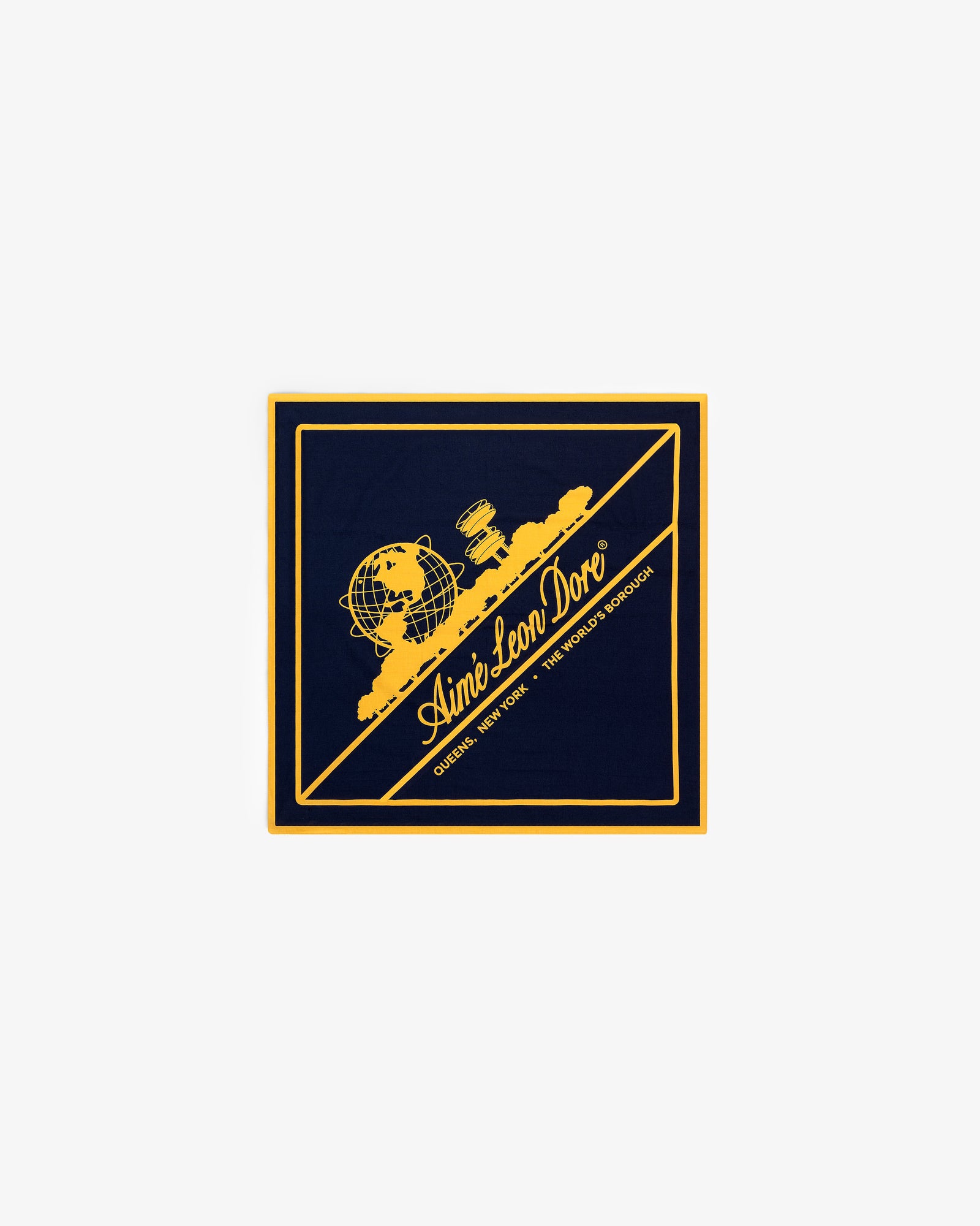 Navy blue Unisphere Bandana with yellow border, Aimé Leon Dore text, and globe graphic.