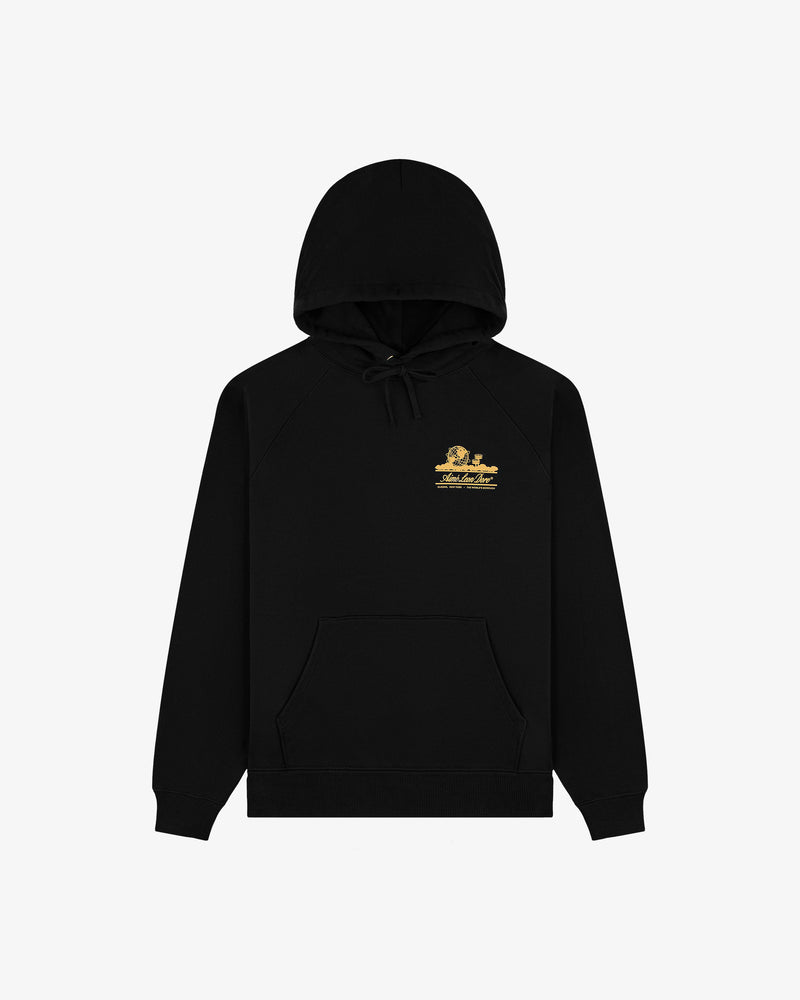 Unisphere Hoodie in black with a front pocket and small gold graphic/text on the left chest, shown on white background.