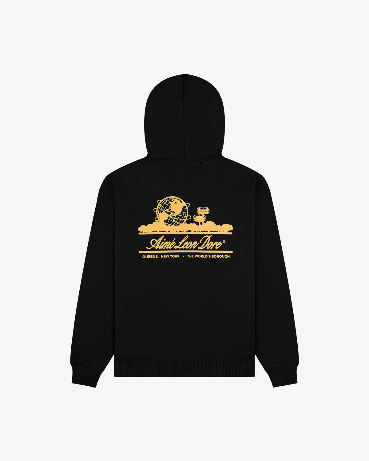 Black Unisphere Hoodie with yellow graphic and text on back, featuring New York landmarks and Aimé Leon Dore.