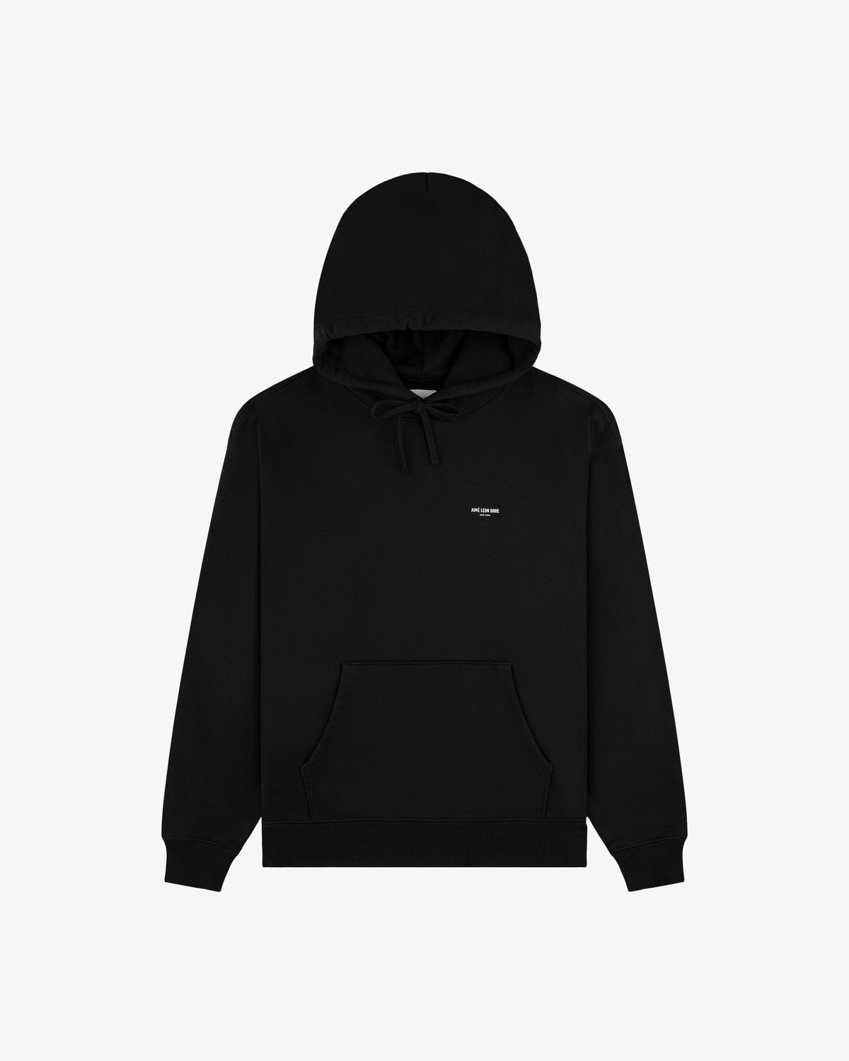 Micro Logo Hoodie in black with front pocket and small white chest text, shown on a plain white background.