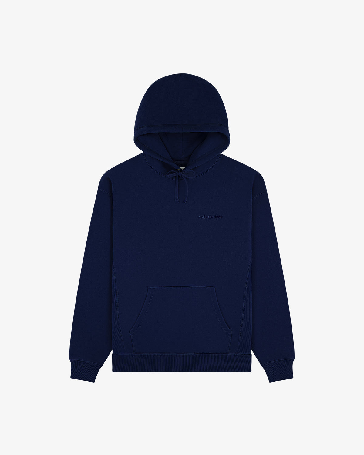 Tonal Logo Hoodie in navy blue with front pocket and drawstring, shown on a plain white background.