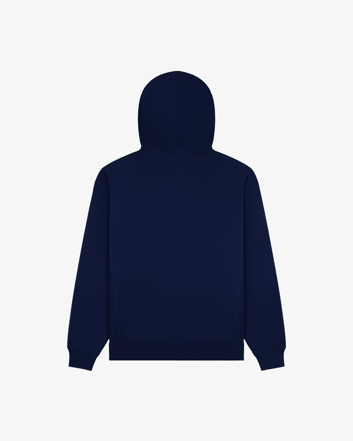 Tonal Logo Hoodie in navy blue, shown from the back with long sleeves and no visible logos or designs.