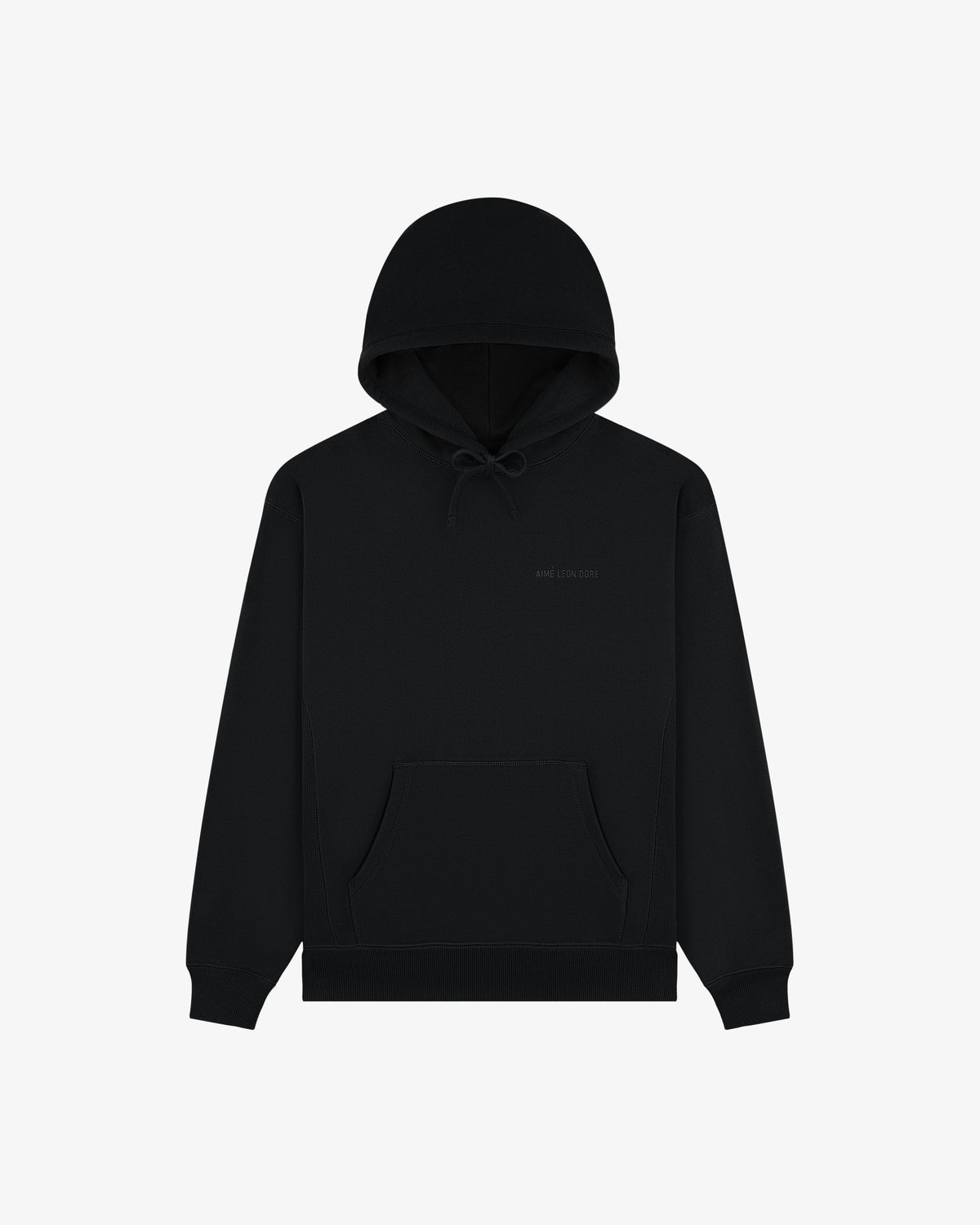 Tonal Logo Hoodie: black pullover with front pocket and drawstring hood, shown on a plain white background.