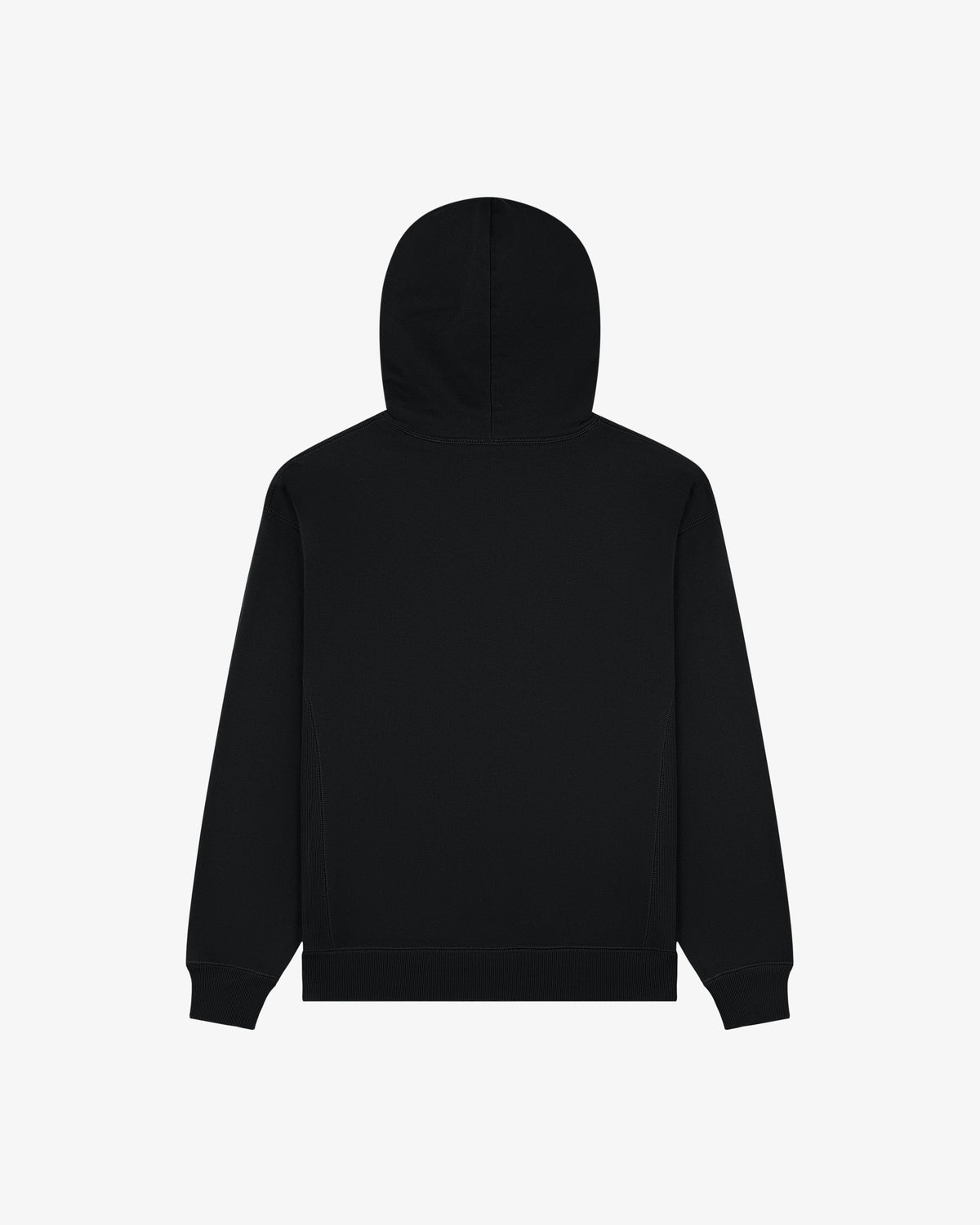 Back view of the Tonal Logo Hoodie, a plain black long-sleeve sweatshirt, shown against a white background.