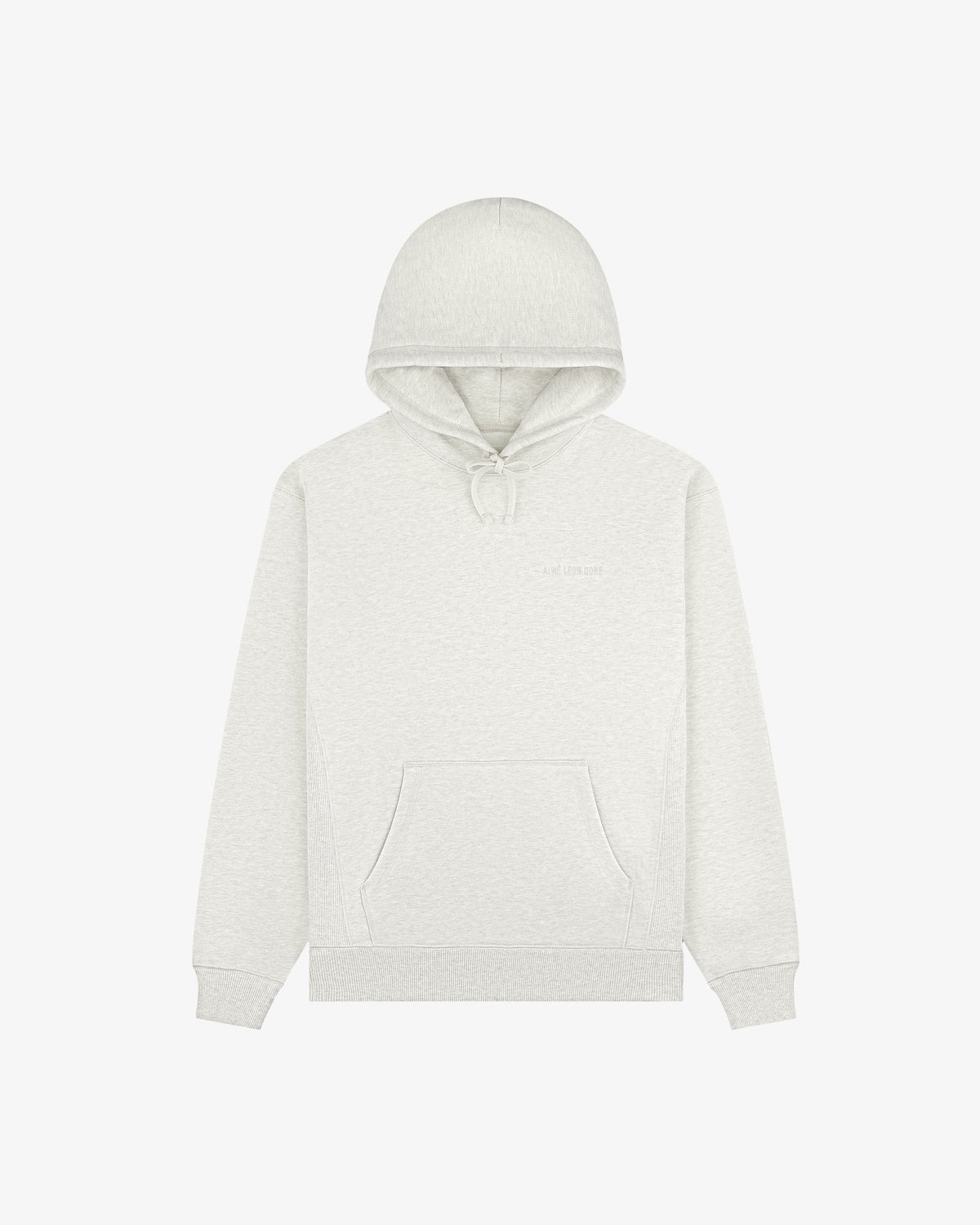 Tonal Logo Hoodie in light gray, featuring a front pocket, drawstrings, and long sleeves on a white background.