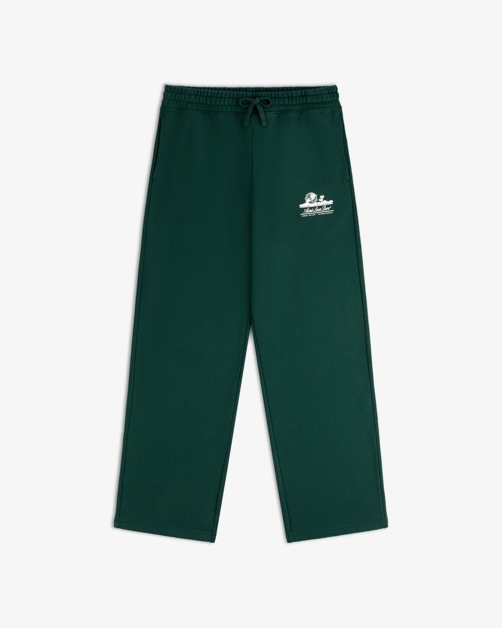 Dark green Unisphere Sweatpants with elastic waist, drawstring, and small white logo on left thigh, laid flat.