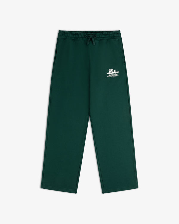 Dark green Unisphere Sweatpants with elastic waist, drawstring, and small white logo on left thigh, laid flat.