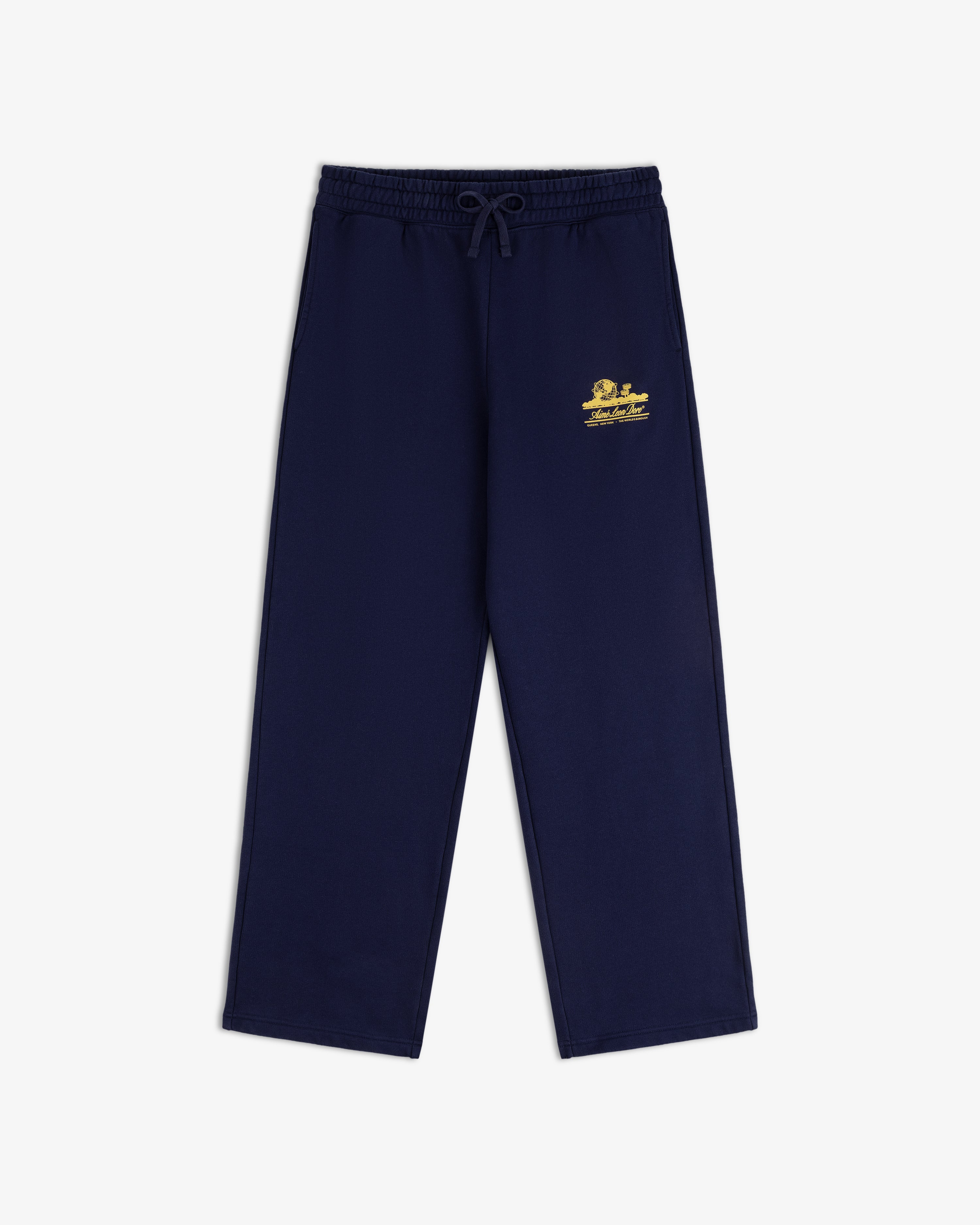 Unisphere Sweatpants, navy blue with drawstring waist and yellow logo on left hip, laid flat on white background.