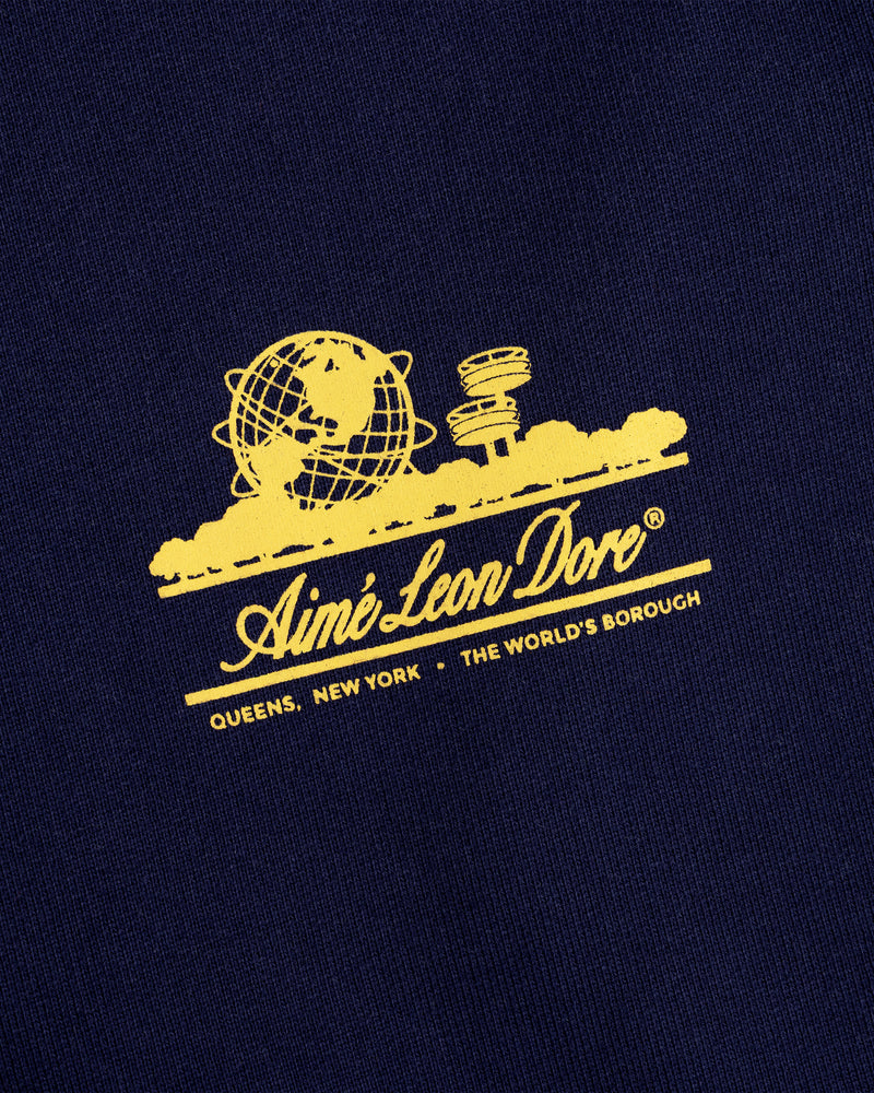 Navy Unisphere Sweatpants with yellow Unisphere graphic, Aimé Leon Dore text; Queens, NY detailed.