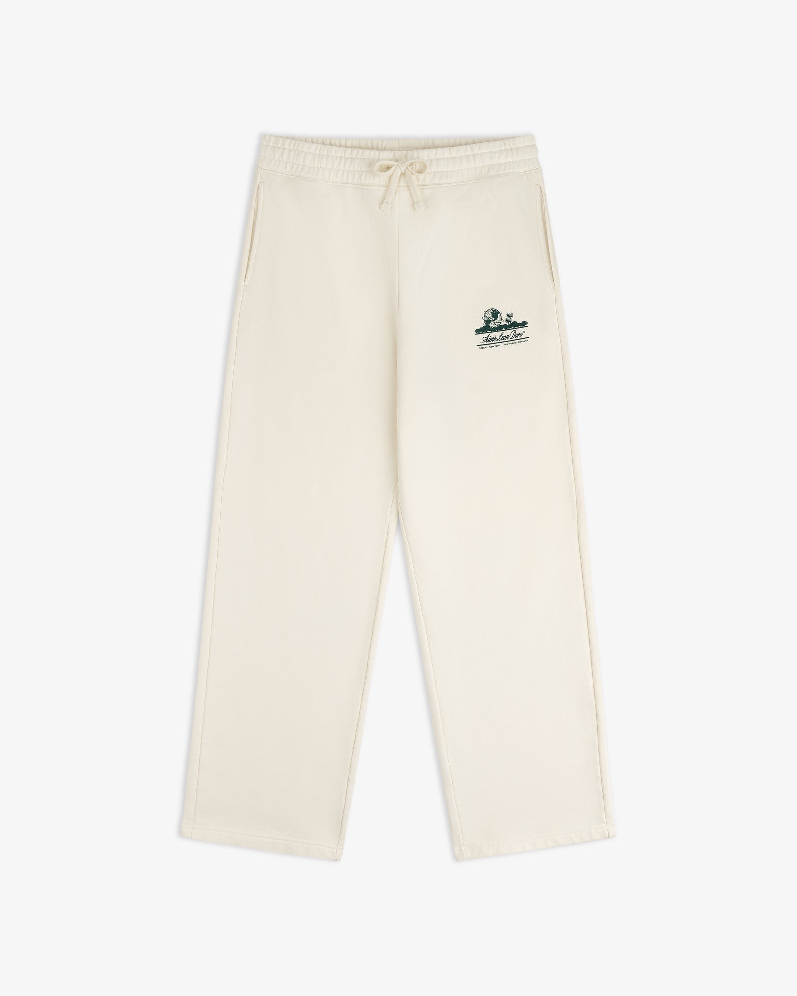 Unisphere Sweatpants: Cream, straight fit with side pockets, drawstring waist, green logo on left thigh.