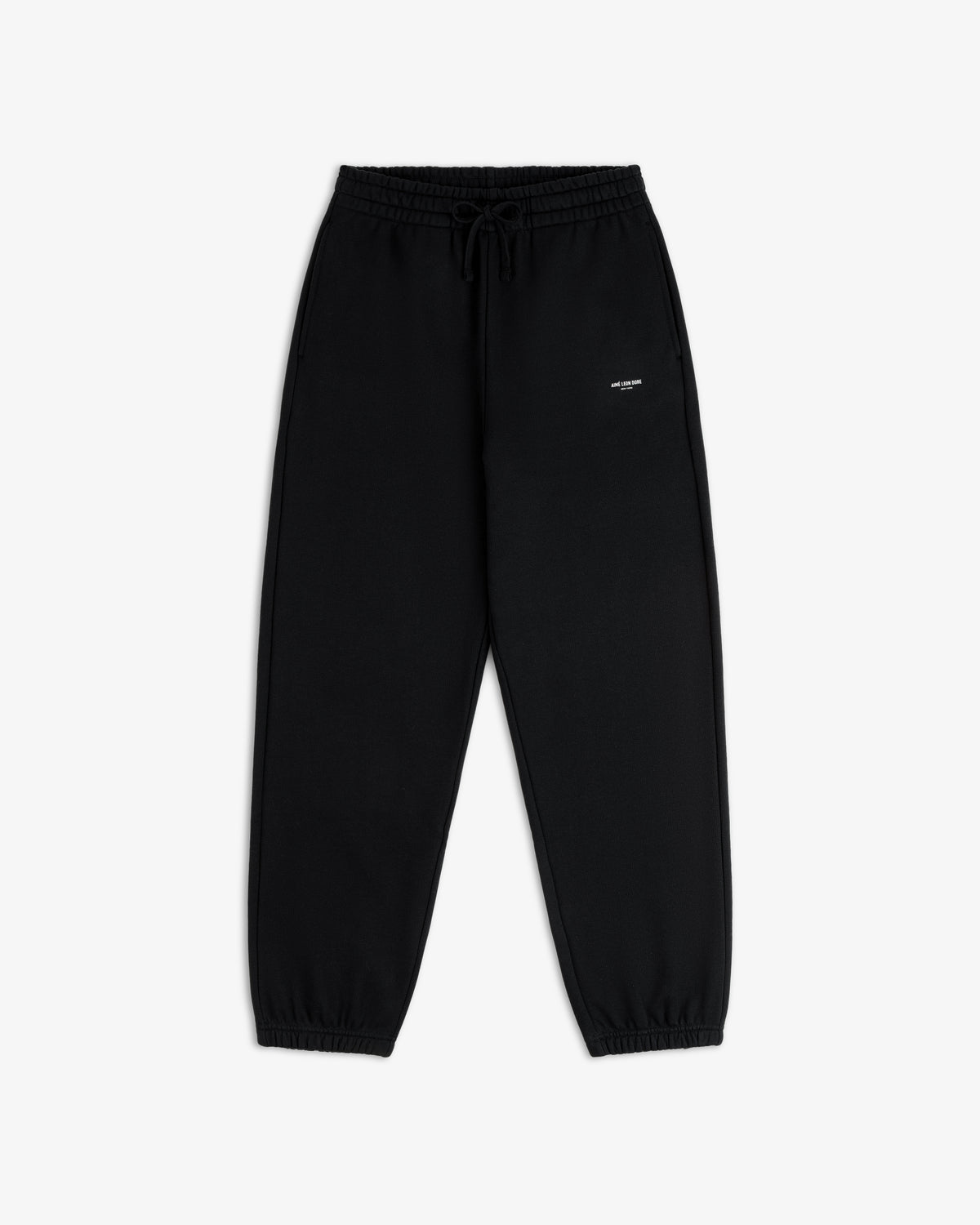Micro Logo Sweatpants in black with elastic cuffs and a small white logo on the left hip, shown flat on white.