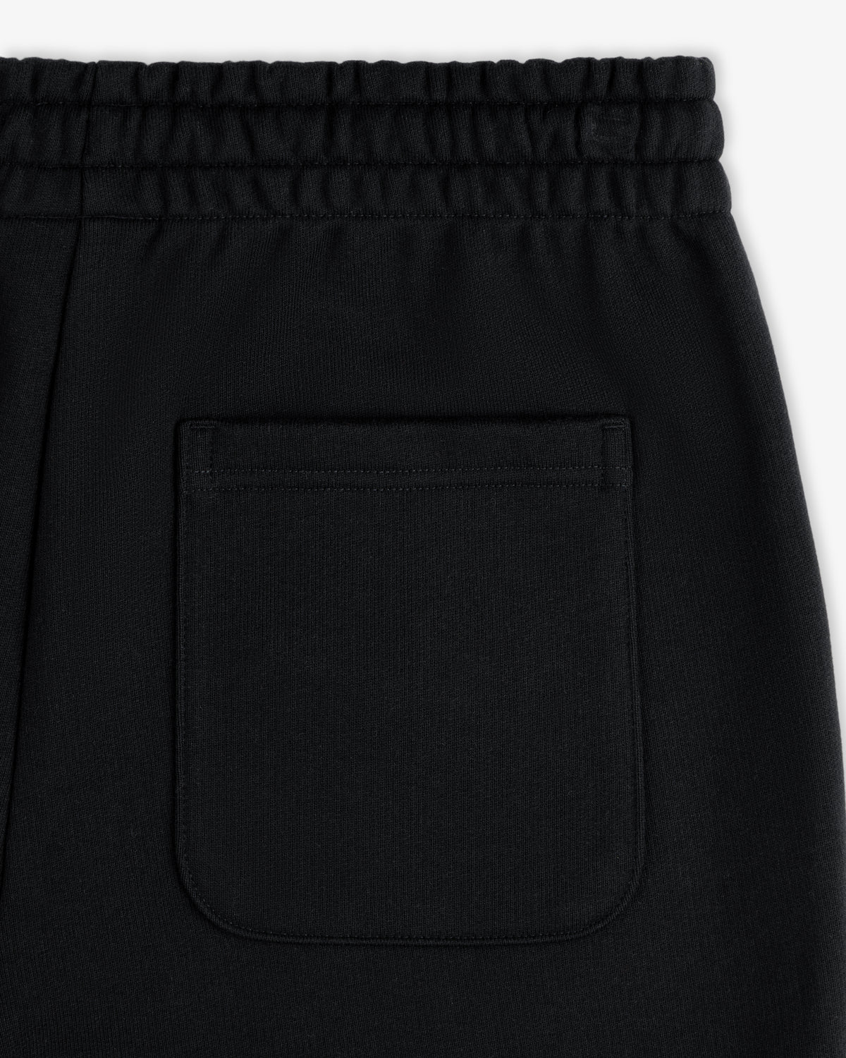 Close-up of Micro Logo Sweatpants, black with elastic waistband and single back pocket, flat on white background.