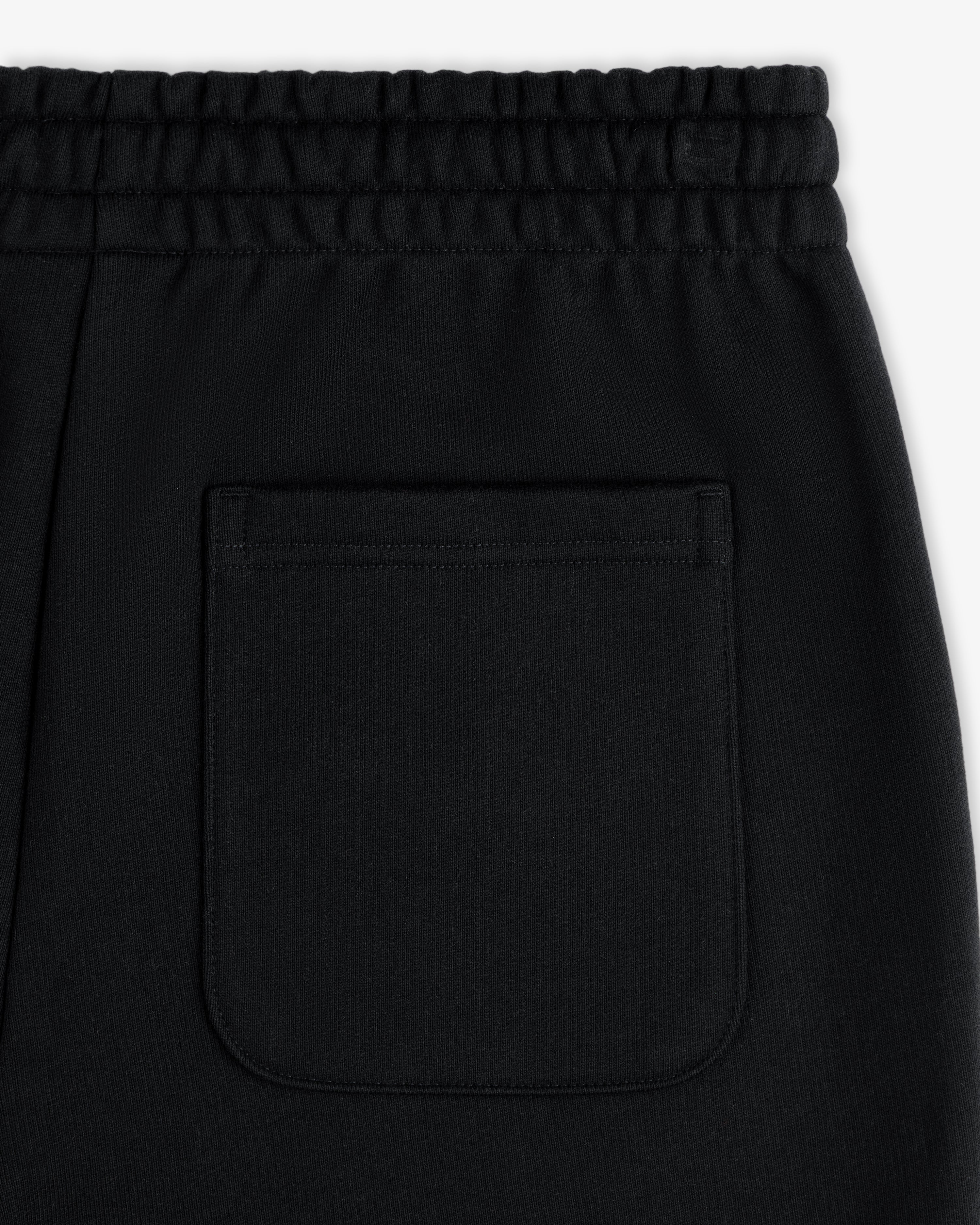 Close-up of Micro Logo Sweatpants, black with elastic waistband and single back pocket, flat on white background.